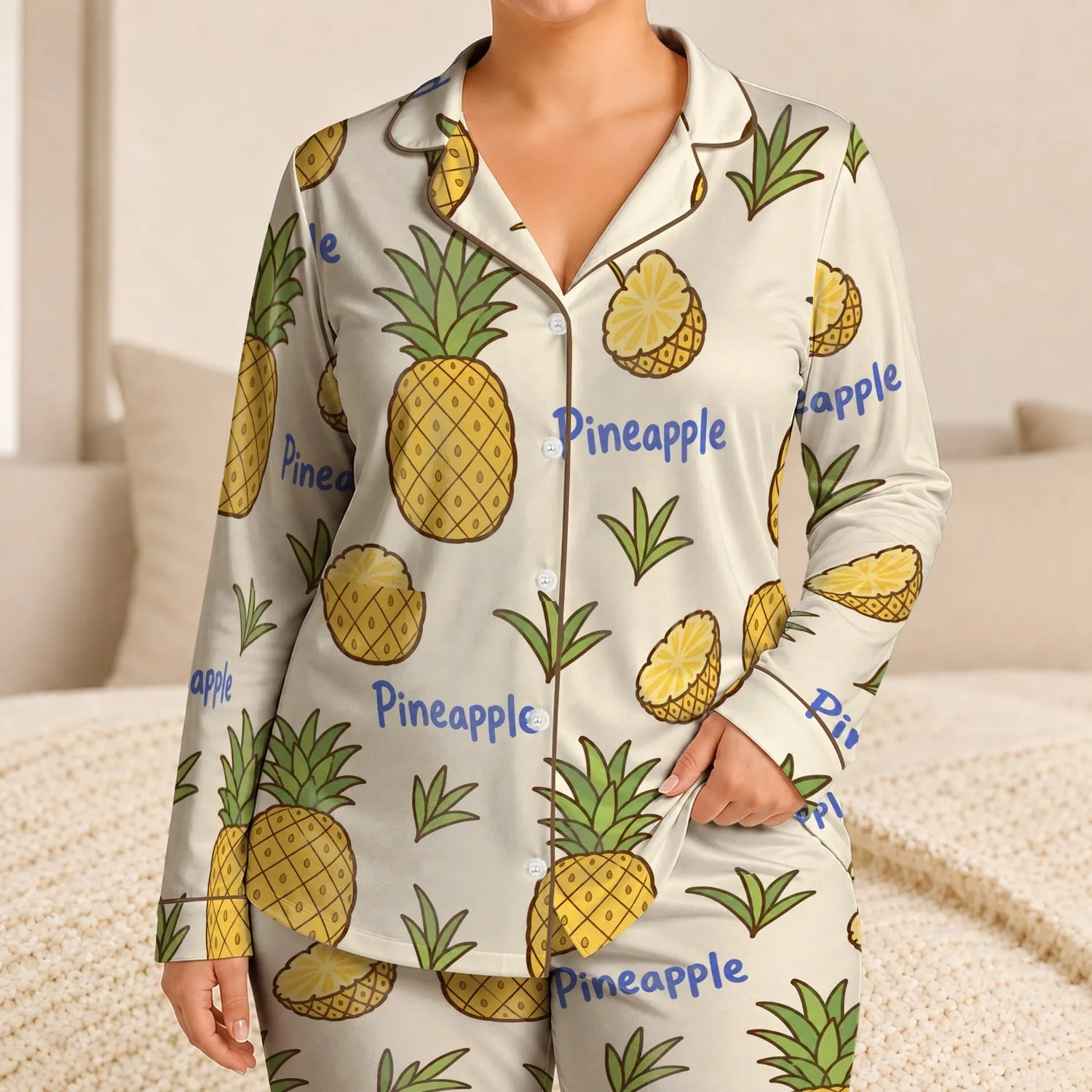 Tropical Pineapple Motifs For Summer Lounging And Gift Giving, Relaxed Everyday Wear Satin Pajamas Set - 1