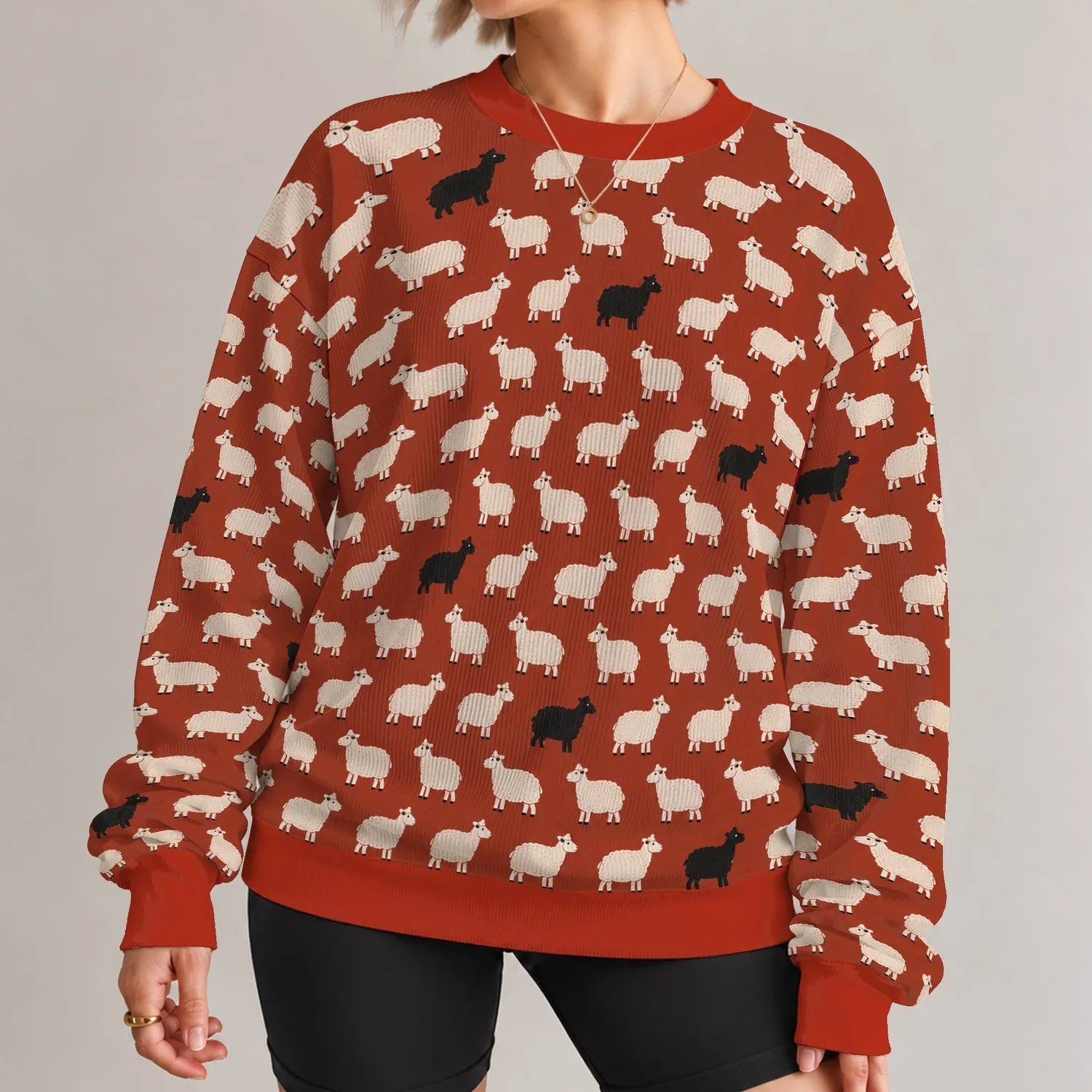 Ivory Sheep on Rust Red for Cozy Farmhouse Days and Everyday Country Style Wear All-over Print Knitted Sweater - 1