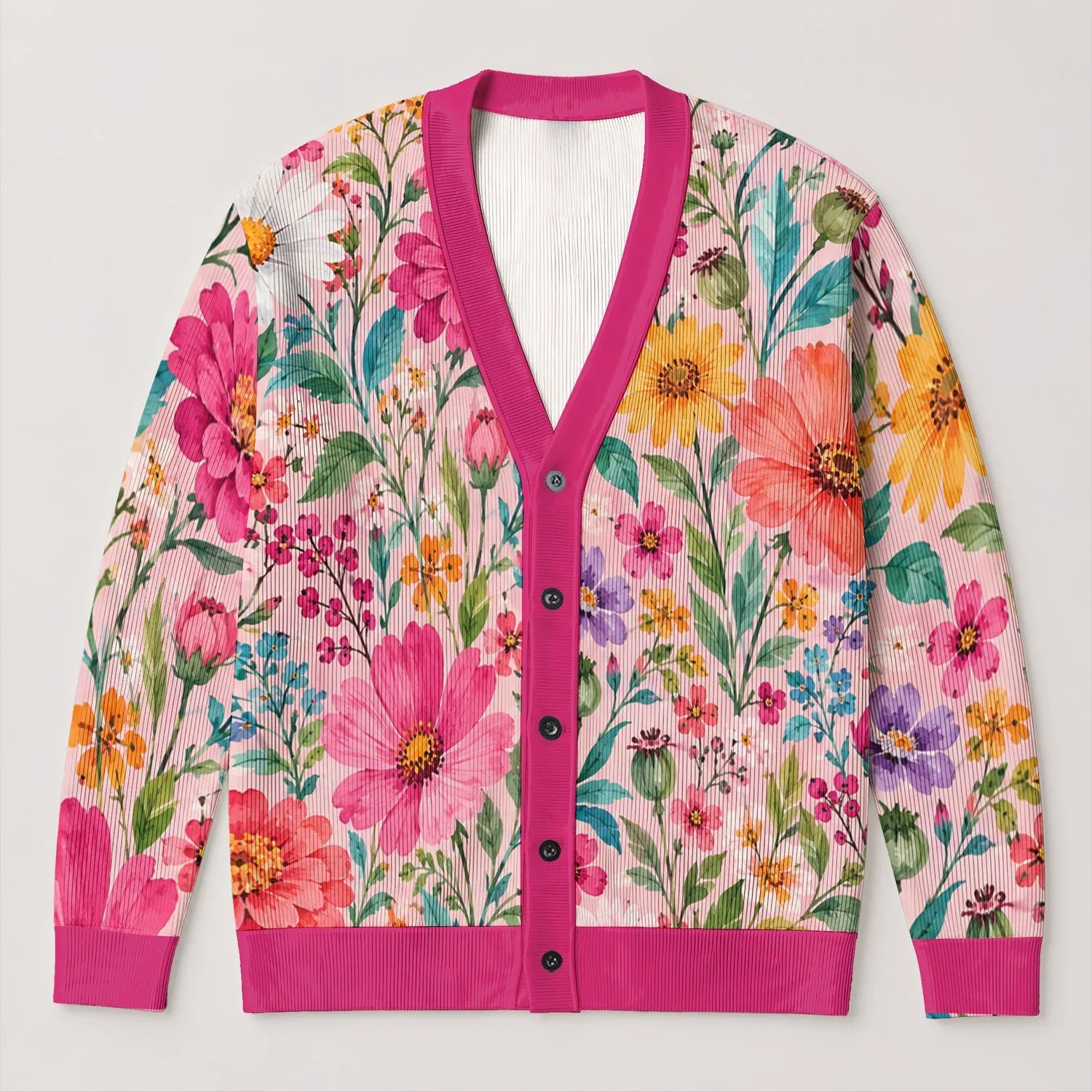 Colorful Wildflower Garden for Cheerful Everyday Layering and Relaxed Weekend Style All-over Print Knitted Cardigan - 1