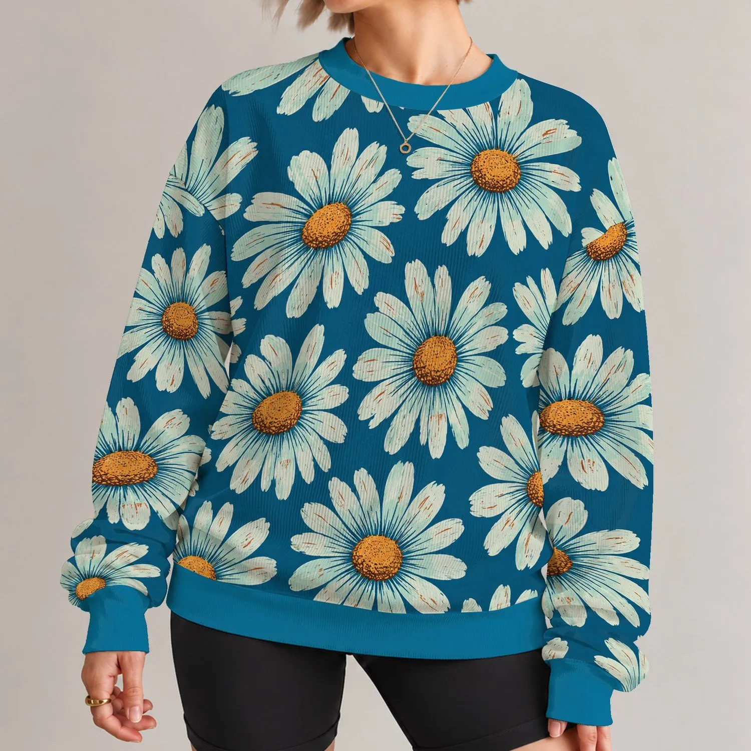 Teal Blue Daisy Flowers for Spring Outings and Sunny Everyday Style All-over Print Knitted Sweater - 1