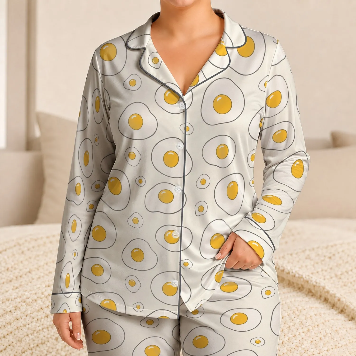 Playful Fried Egg For Cozy Lounging, Weekend Gifts, Home Relaxing For Food Lovers Satin Pajamas Set - 1