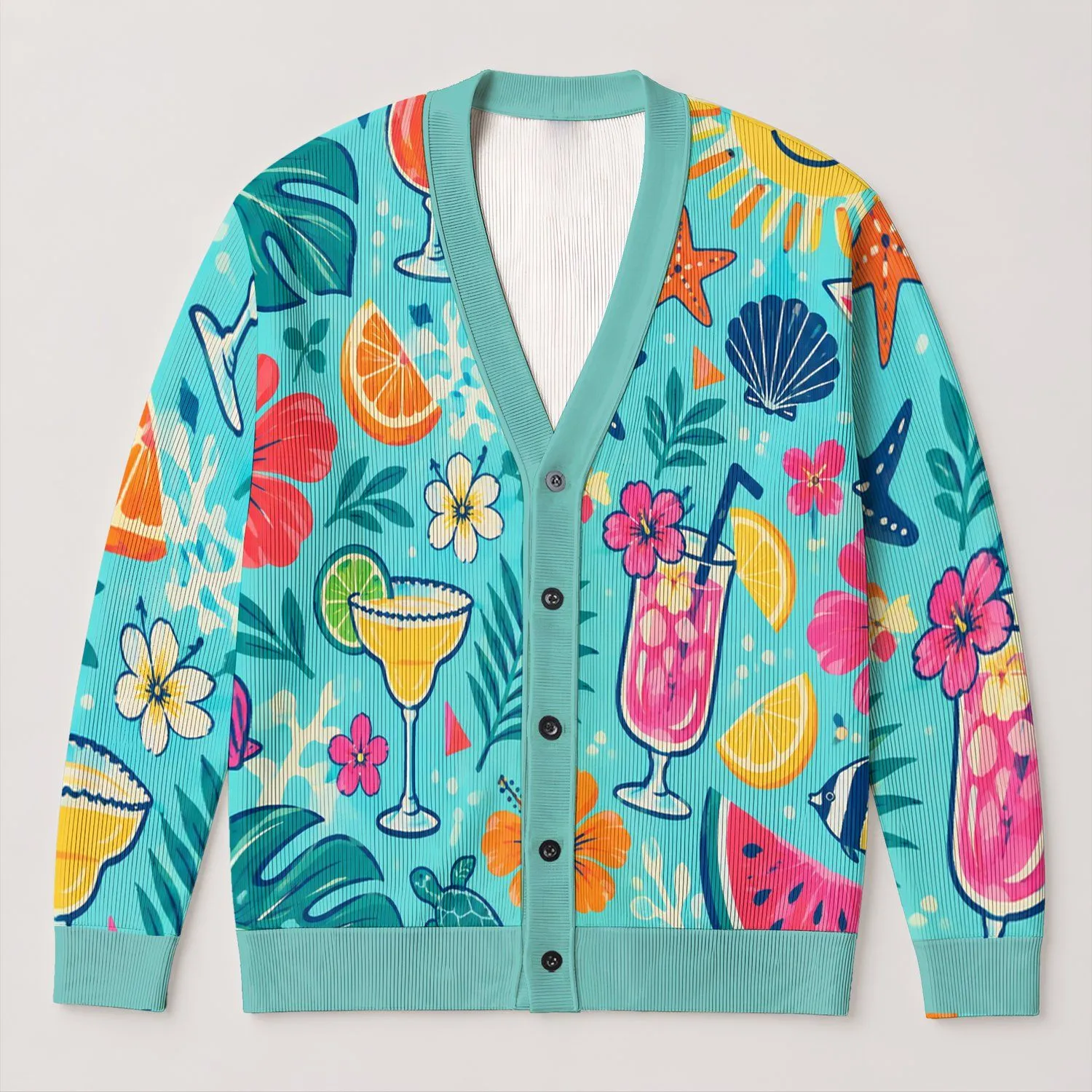 Tropical Cocktail Palm Motifs for Beach Vacations and Resort Layering, Women’s Style All-over Print Knitted Cardigan - 1