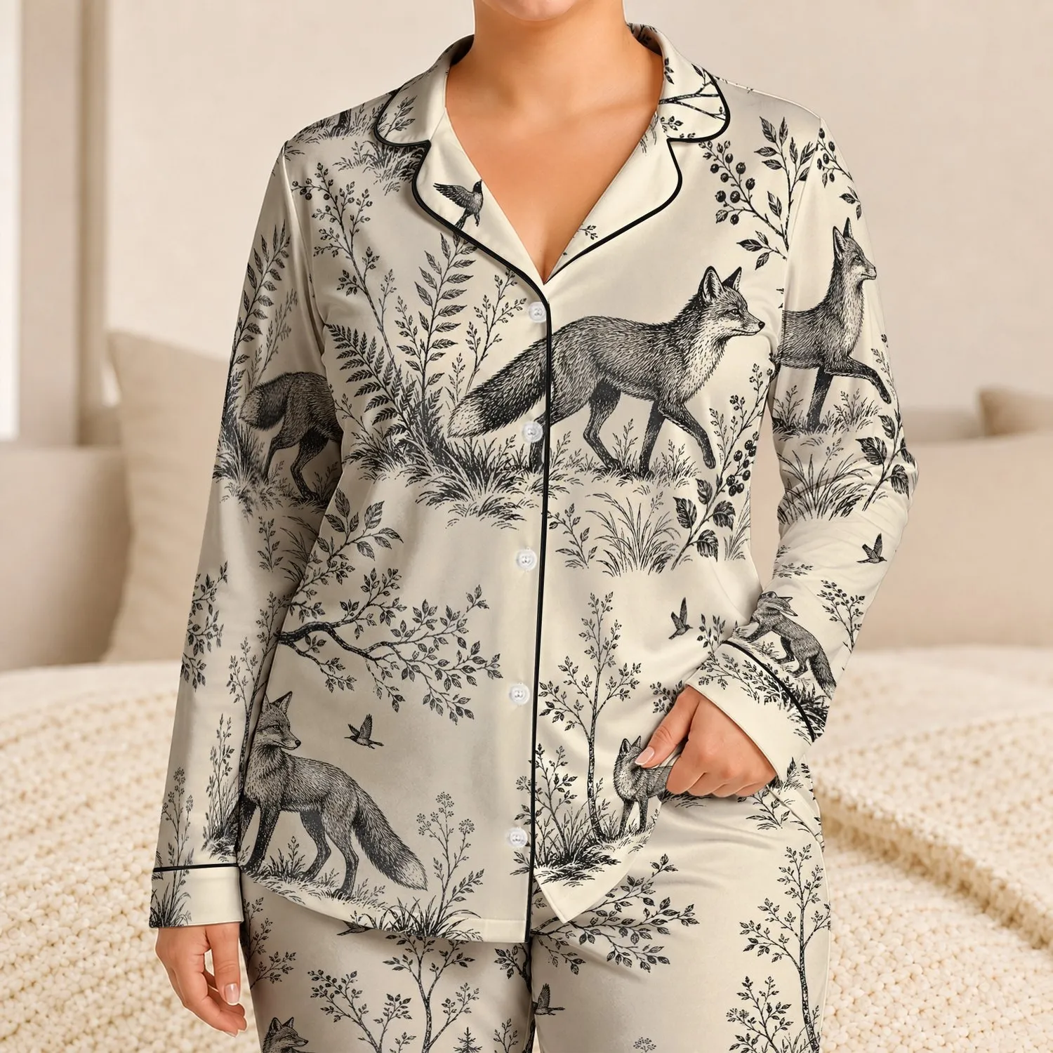 Vintage Fox Woodland Scene Cozy Sleepwear Gift for Nature Lovers and Cabin Retreats Satin Pajamas Set - 1