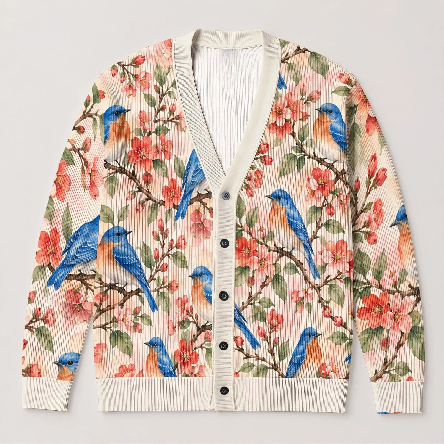 Blue Bird Cherry Blossom Style for Everyday Layering, Nature Lovers and Women All-over Print Knitted Cardigan - 1