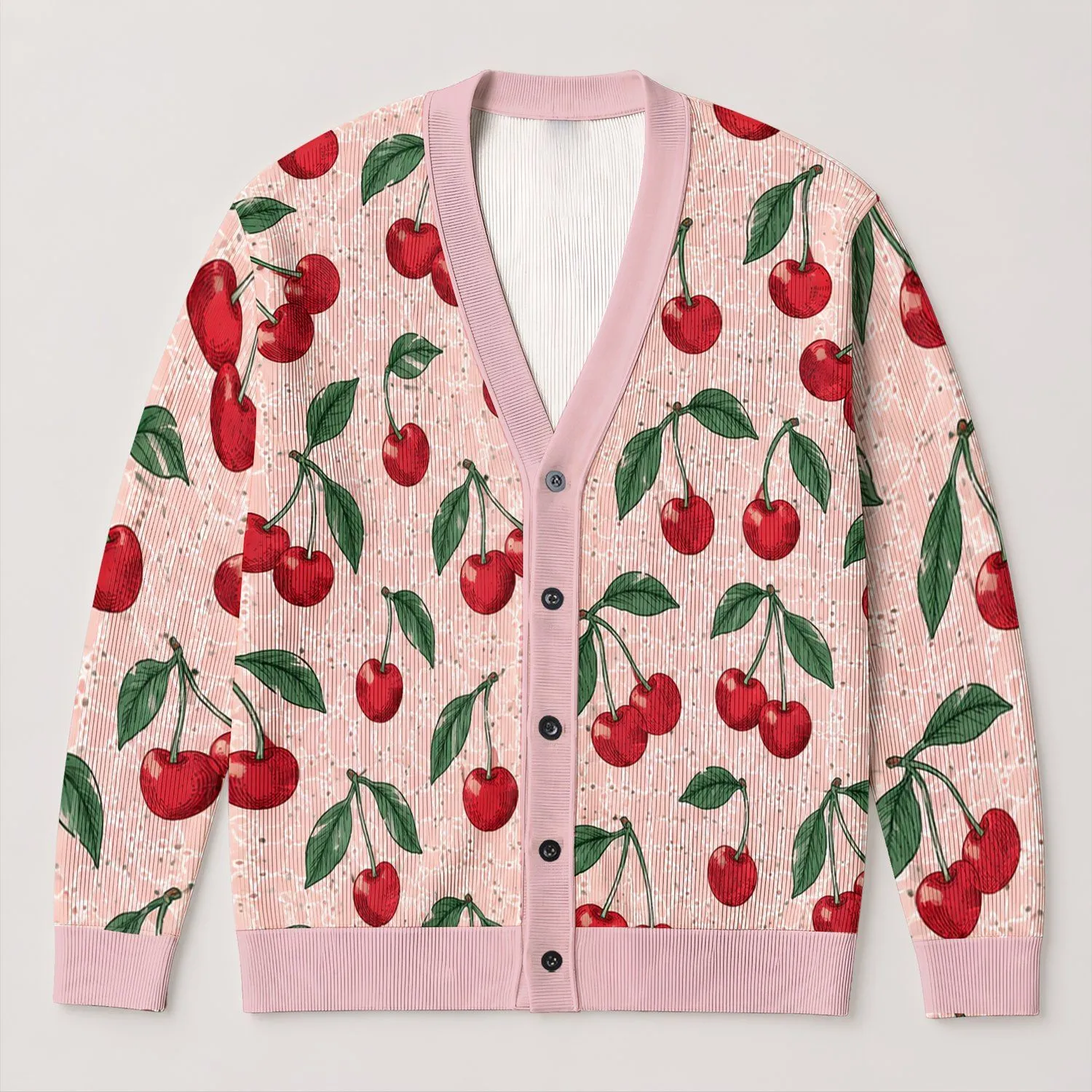 Red Cherry and Green Leaf Motif for Spring Beach Vacations and Casual Everyday Style All-over Print Knitted Cardigan - 1