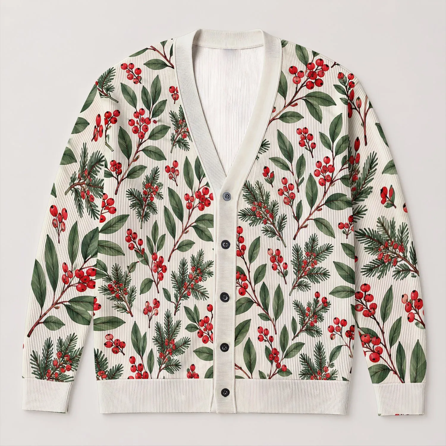 Green Holly Berry Sprigs for Festive Layering, Winter Celebrations, and Holiday Gatherings All-over Print Knitted Cardigan - 1