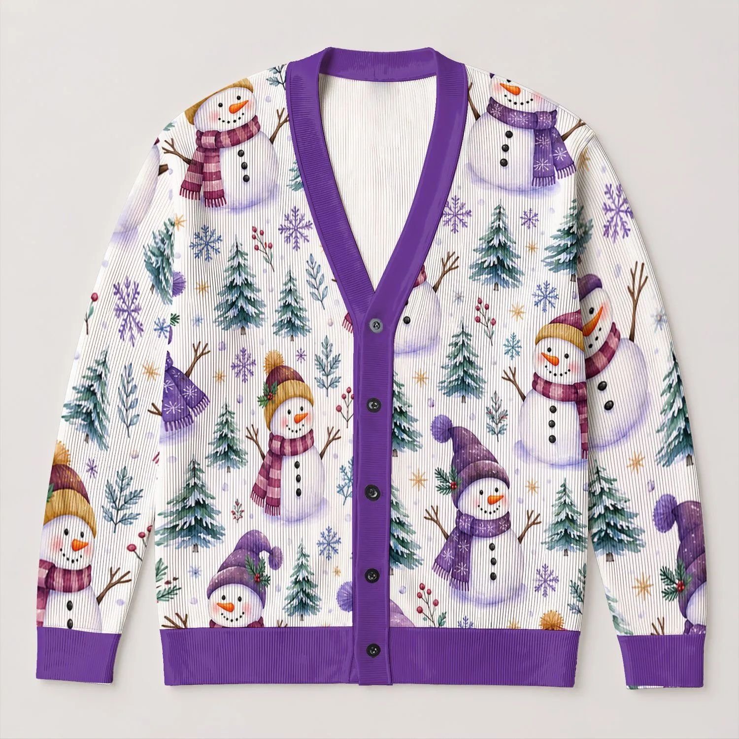 Purple Snowman Winter Cheer For Cozy Holiday Gatherings And Everyday Layering For Women All-over Print Knitted Cardigan - 1