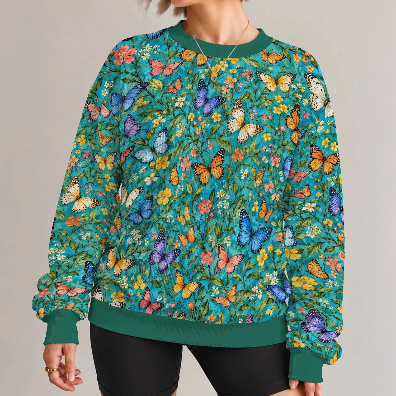 Colorful Butterfly and Botanical Field for Spring Garden Style and Casual Days All-over Print Knitted Sweater - 1