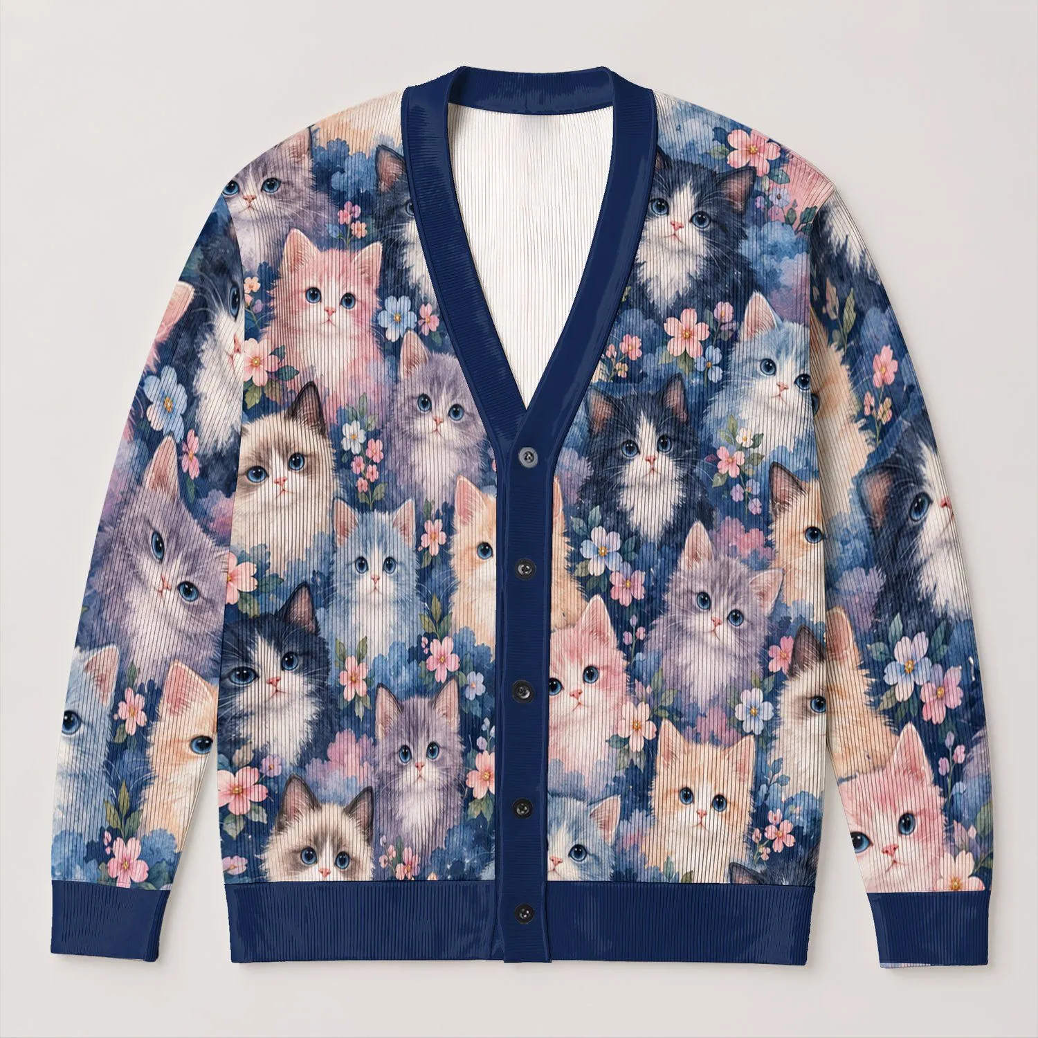 Pastel Kitten Bouquet Cozy Winter Style for Everyday Layering Gift for Cat Lovers All-over Print Knitted Cardigan - 1