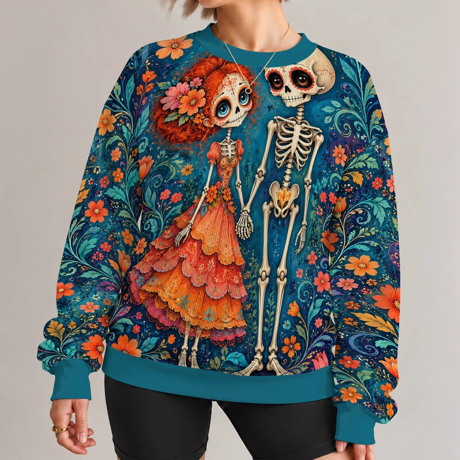 Whimsical Skeleton Couple With Floral Details for Halloween Party Looks All-over Print Knitted Sweater - 1