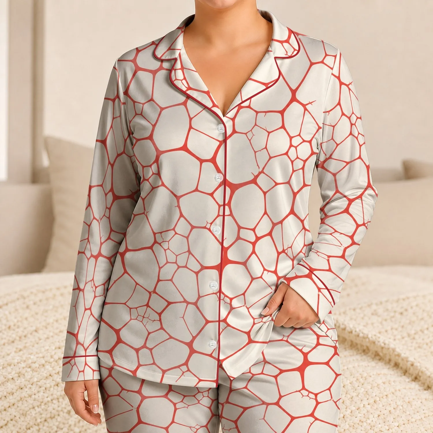 Coral Cracked Lattice Ivory Reptile-Inspired Cozy Holiday Gift For Women At Home Satin Pajamas Set - 1