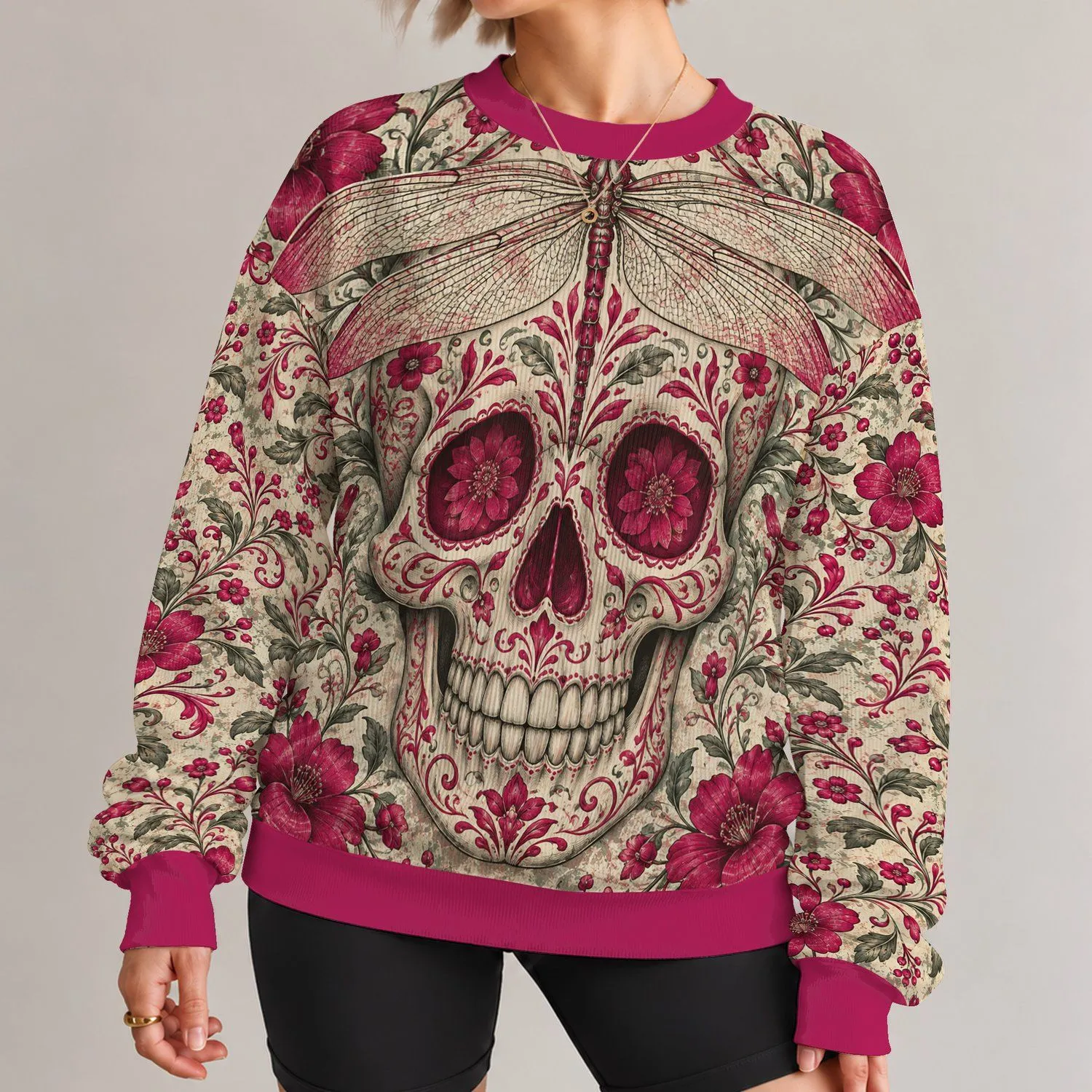 Day of the Dead Sugar Skull and Dragonfly for Casual Bohemian Style All Year Wear All-over Print Knitted Sweater - 1