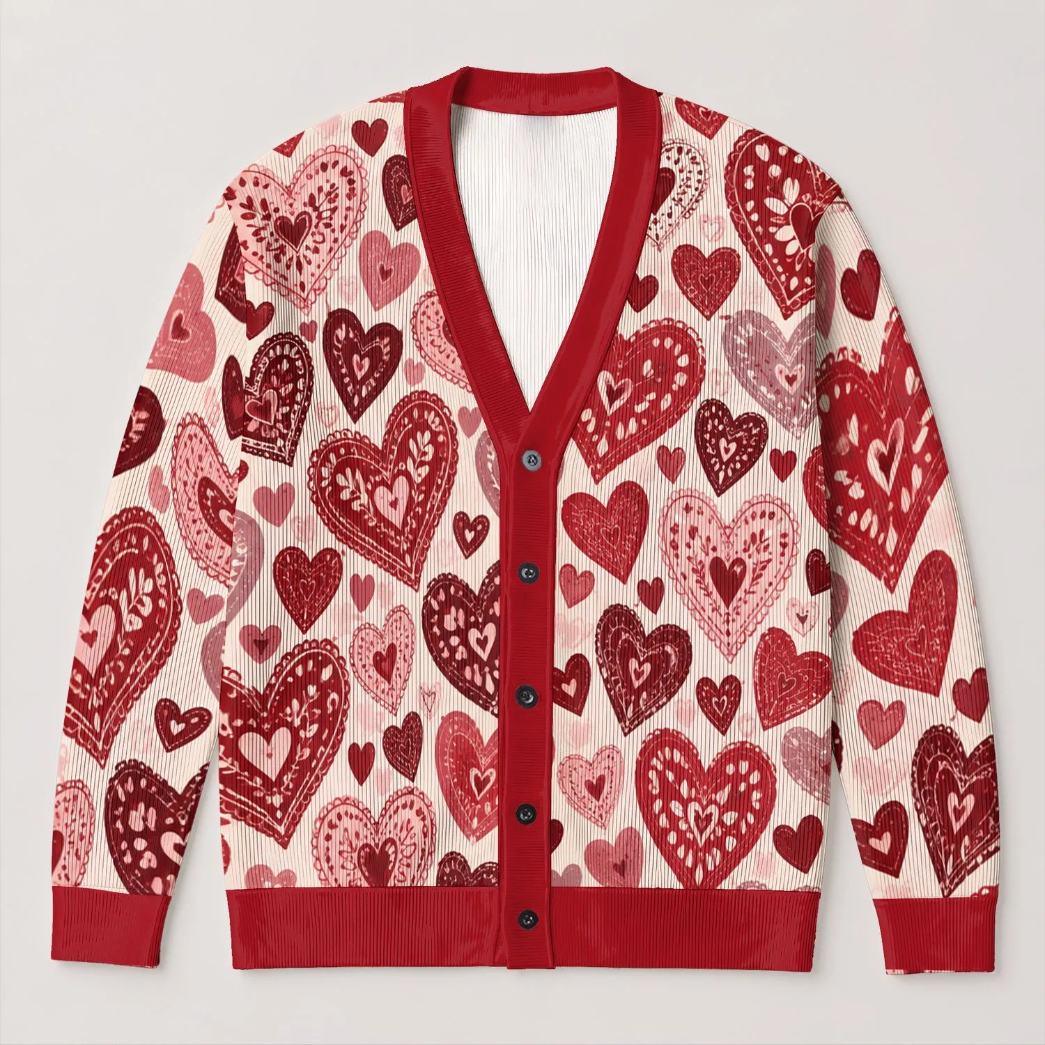 Red and Pink Heart Motifs for Valentine's Dates and Seaside Getaways, Plus Size Women All-over Print Knitted Cardigan - 1