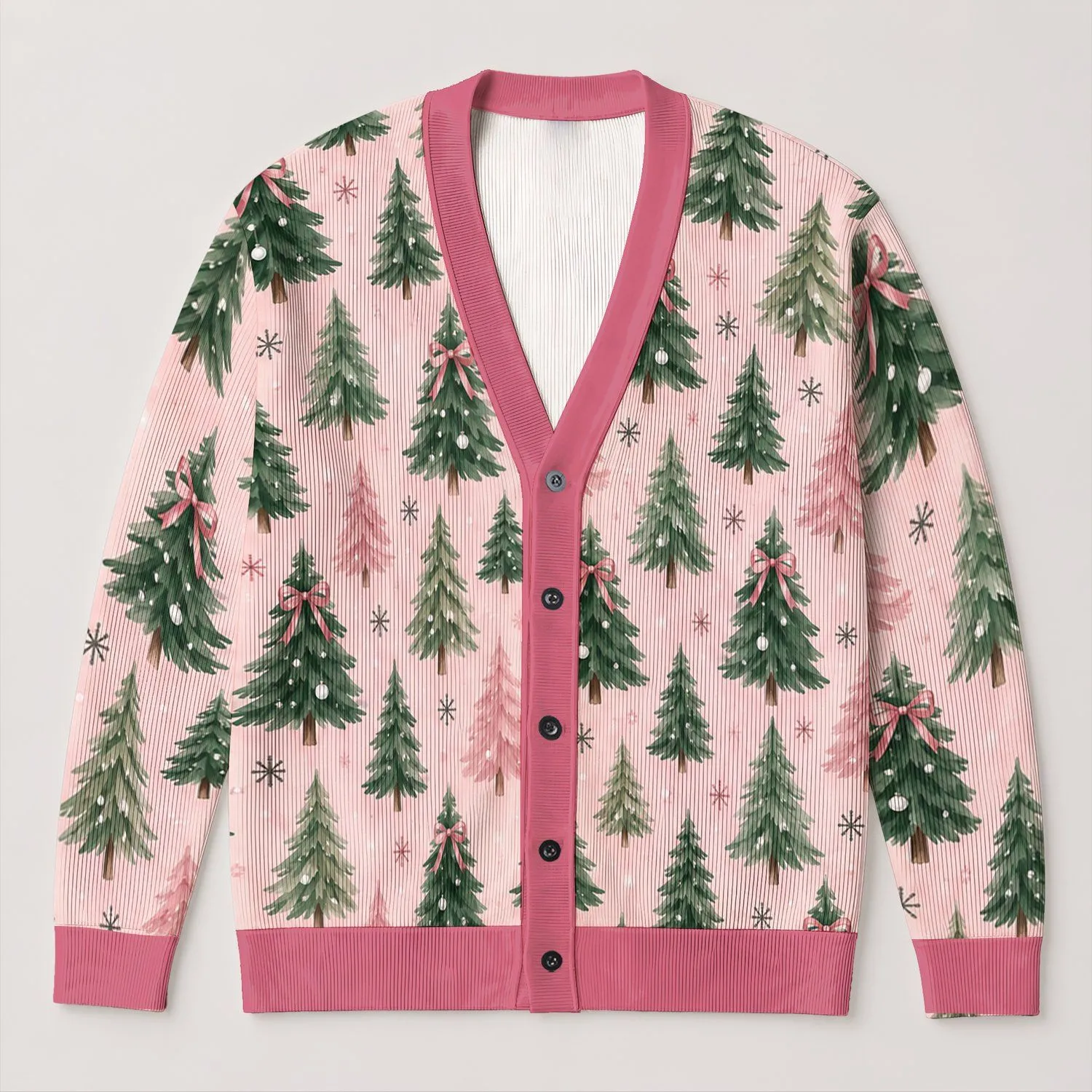 Pink Bow Christmas Tree Holiday Style For Women, Cozy Seasonal Layering Gift Idea All-over Print Knitted Cardigan - 1