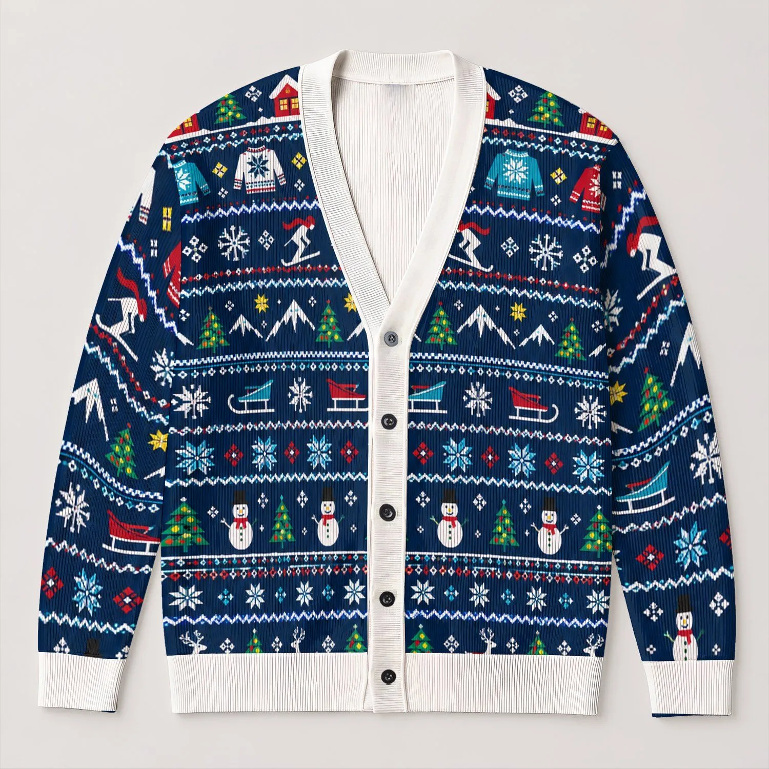Navy Snowflake Holiday Motifs With Colorful Winter Icons For Festive Everyday Layering All-over Print Knitted Cardigan - 1