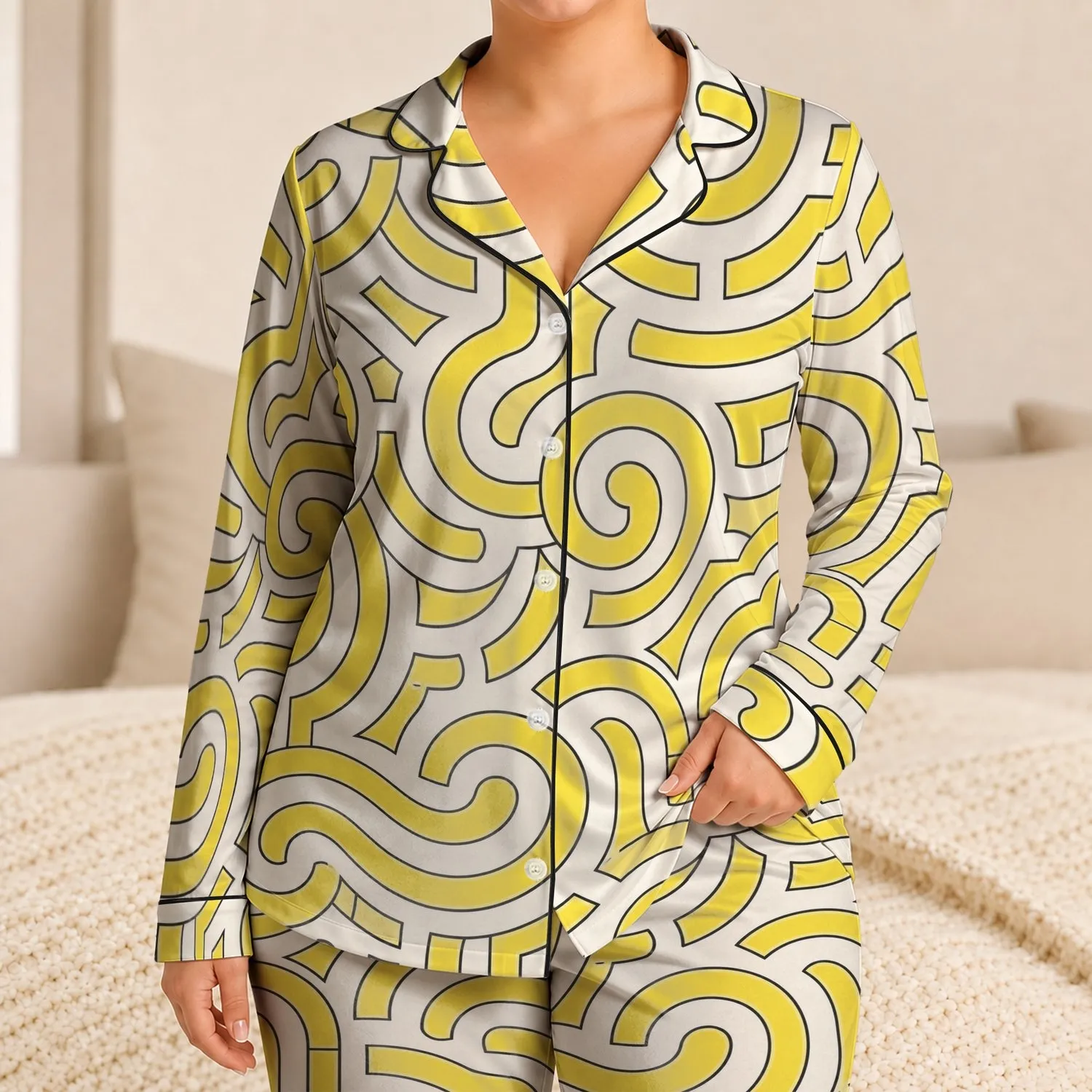 Lemon Maze Wave Resort Style For Summer Getaways And Weekend Escapes, Women Plus Size Satin Pajamas Set - 1