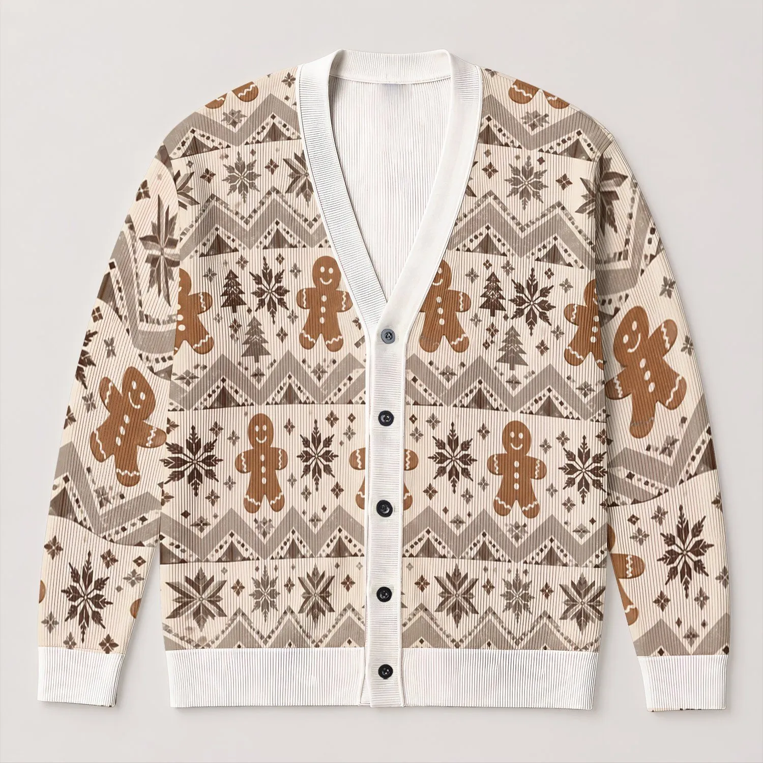 Festive Gingerbread People and Snowflake Fair Isle Style for Cozy Holiday Layering All-over Print Knitted Cardigan - 1