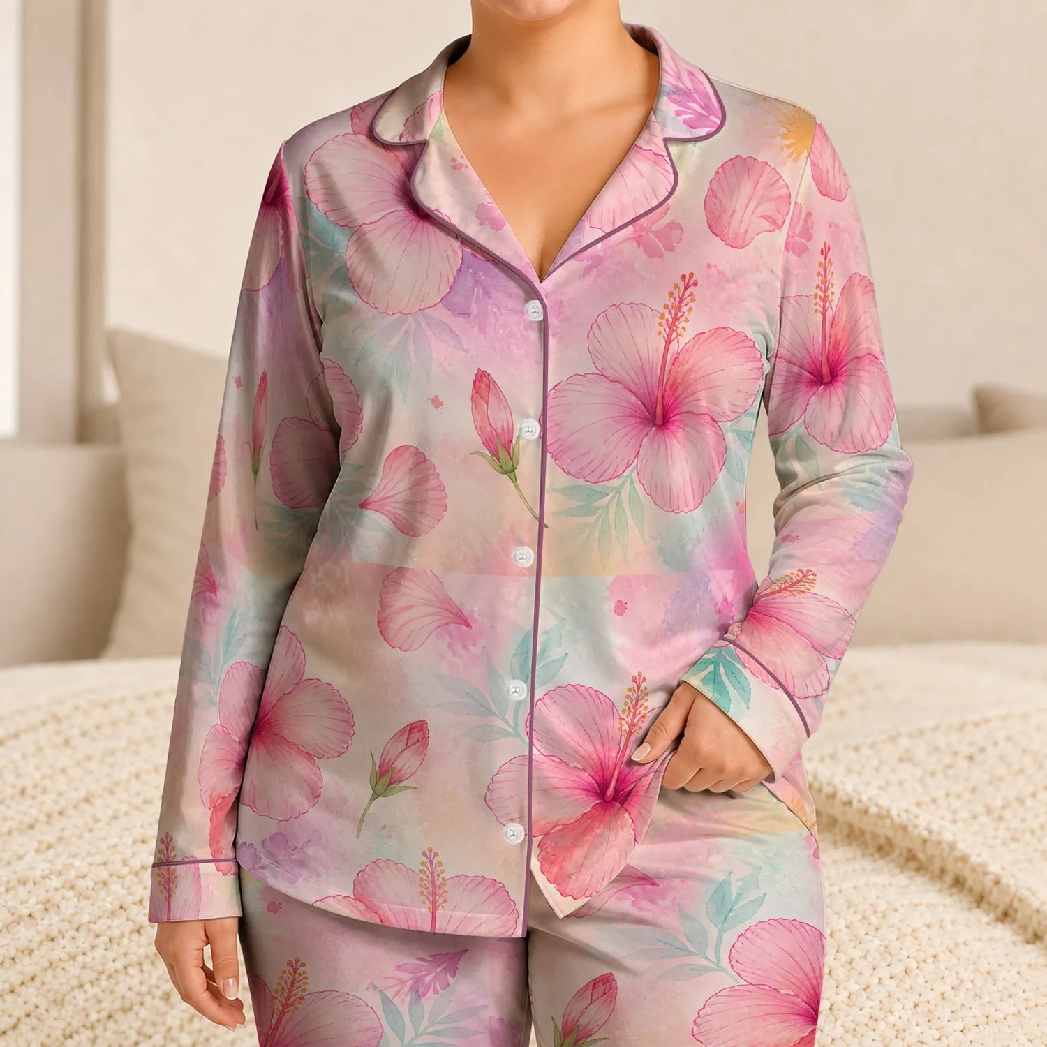 Soft Watercolor Hibiscus Resort Loungewear for Tropical Getaways and Gift Giving Satin Pajamas Set - 1
