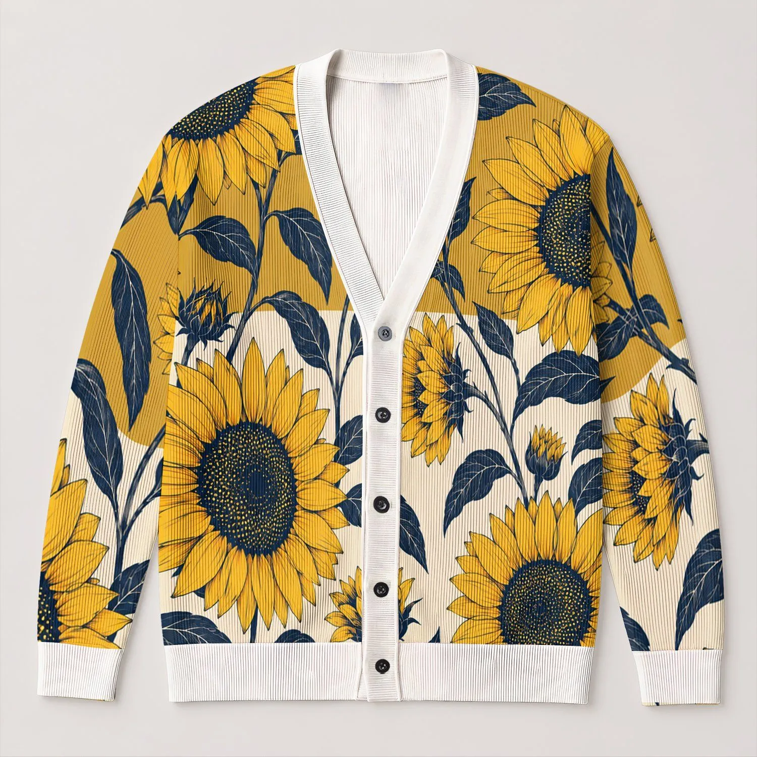 Navy and Golden Sunflowers for Relaxed Everyday Layering, Weekend Wear, and Travel All-over Print Knitted Cardigan - 1