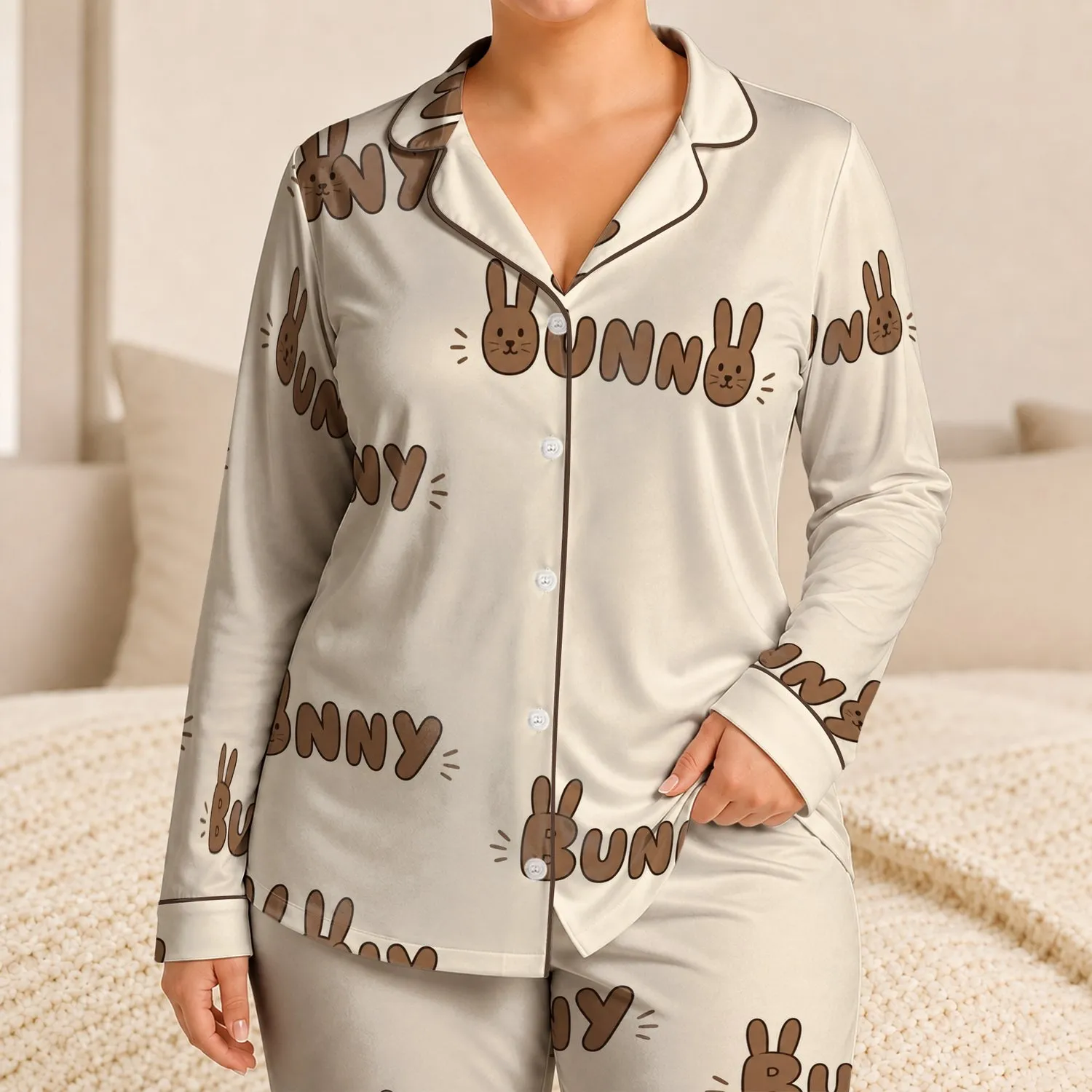 Cocoa Bunny Bubble Letter Present For Cozy Nights At Home And Cute Animal Lovers Satin Pajamas Set - 1