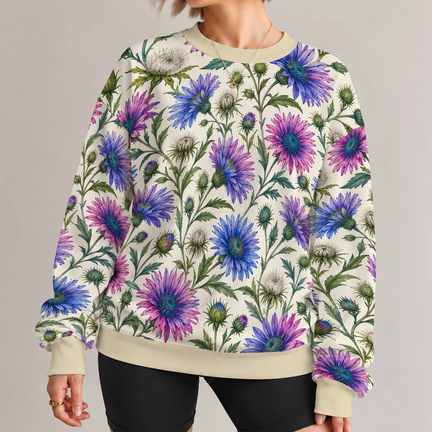 Blue And Magenta Wildflower Blooms For Everyday Botanical Style And Nature Lovers All-over Print Knitted Sweater - 1