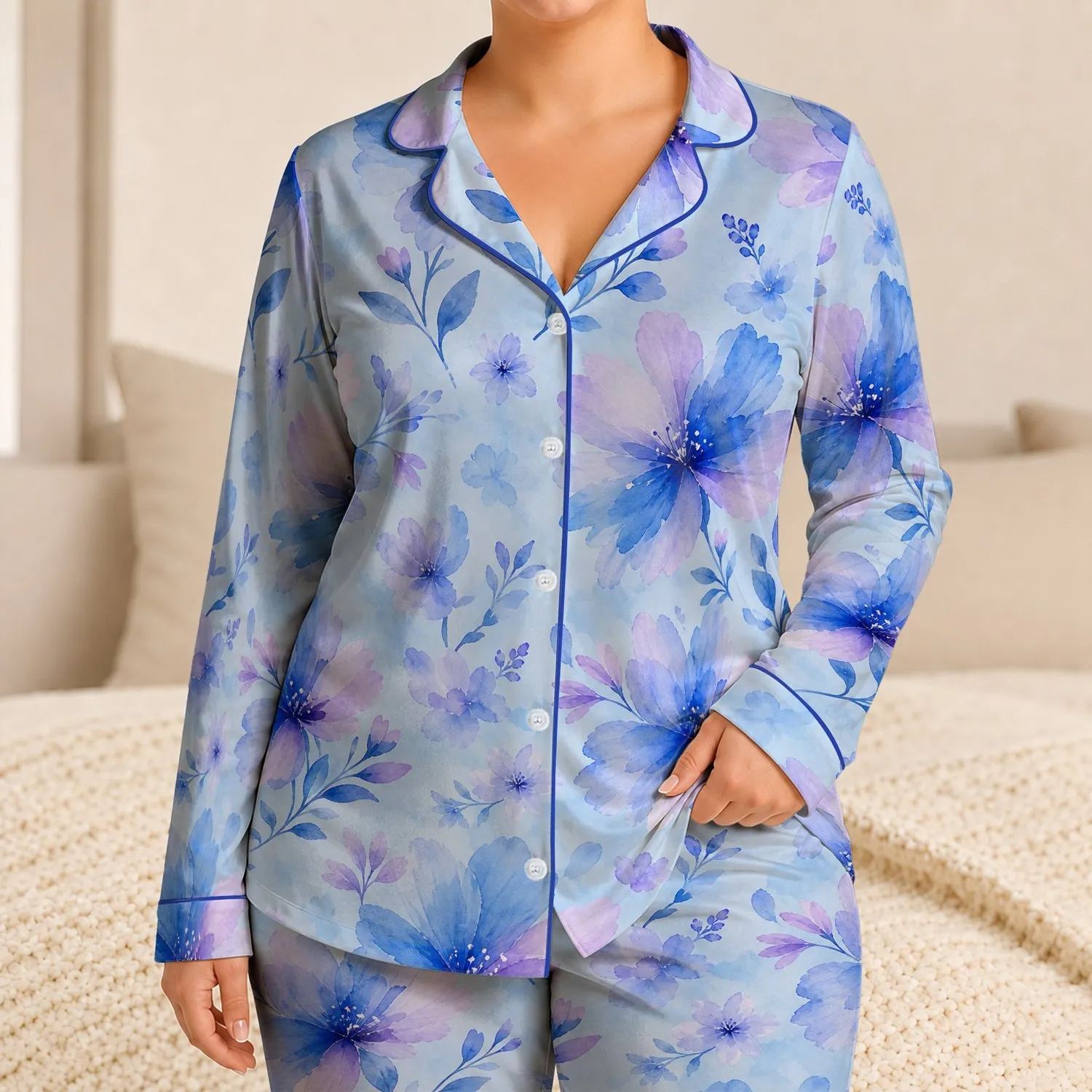 Blue Watercolor Floral Gift For Spring Nights, Soft Cozy Home Style For Her Satin Pajamas Set - 1