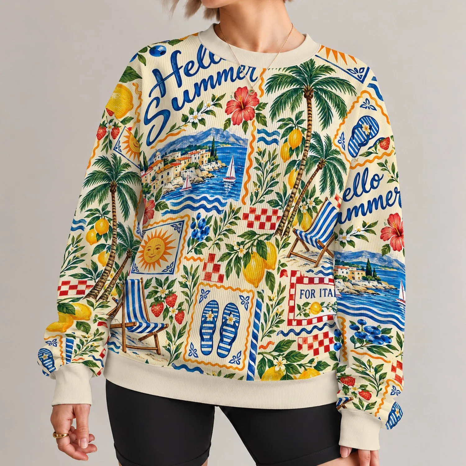 Retro Coastal Citrus and Palm Tree Collage for Sunny Summer Getaways and Beach Days All-over Print Knitted Sweater - 1