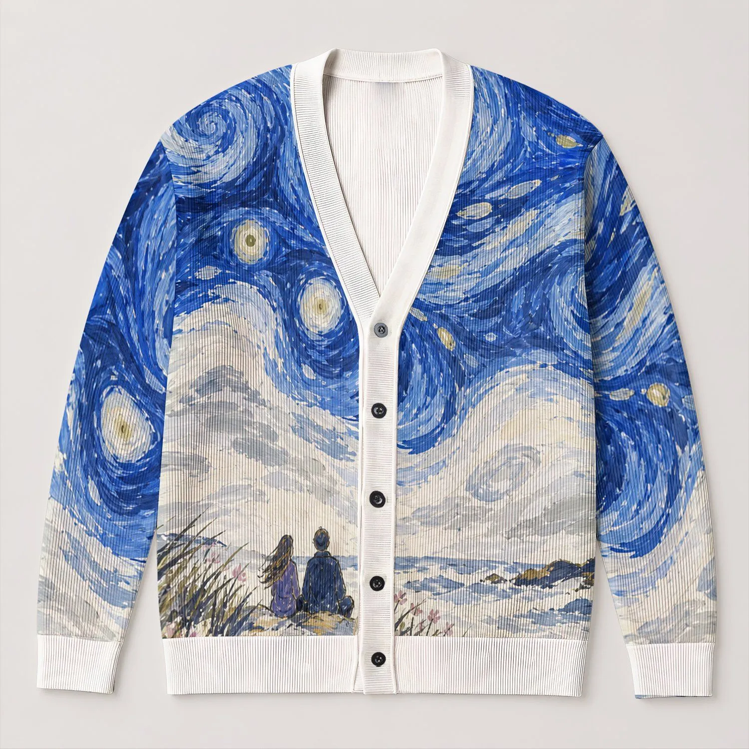Blue Ocean Swirls and Golden Orbs for Easy Resort Layering Women's Coastal Style All-over Print Knitted Cardigan - 1