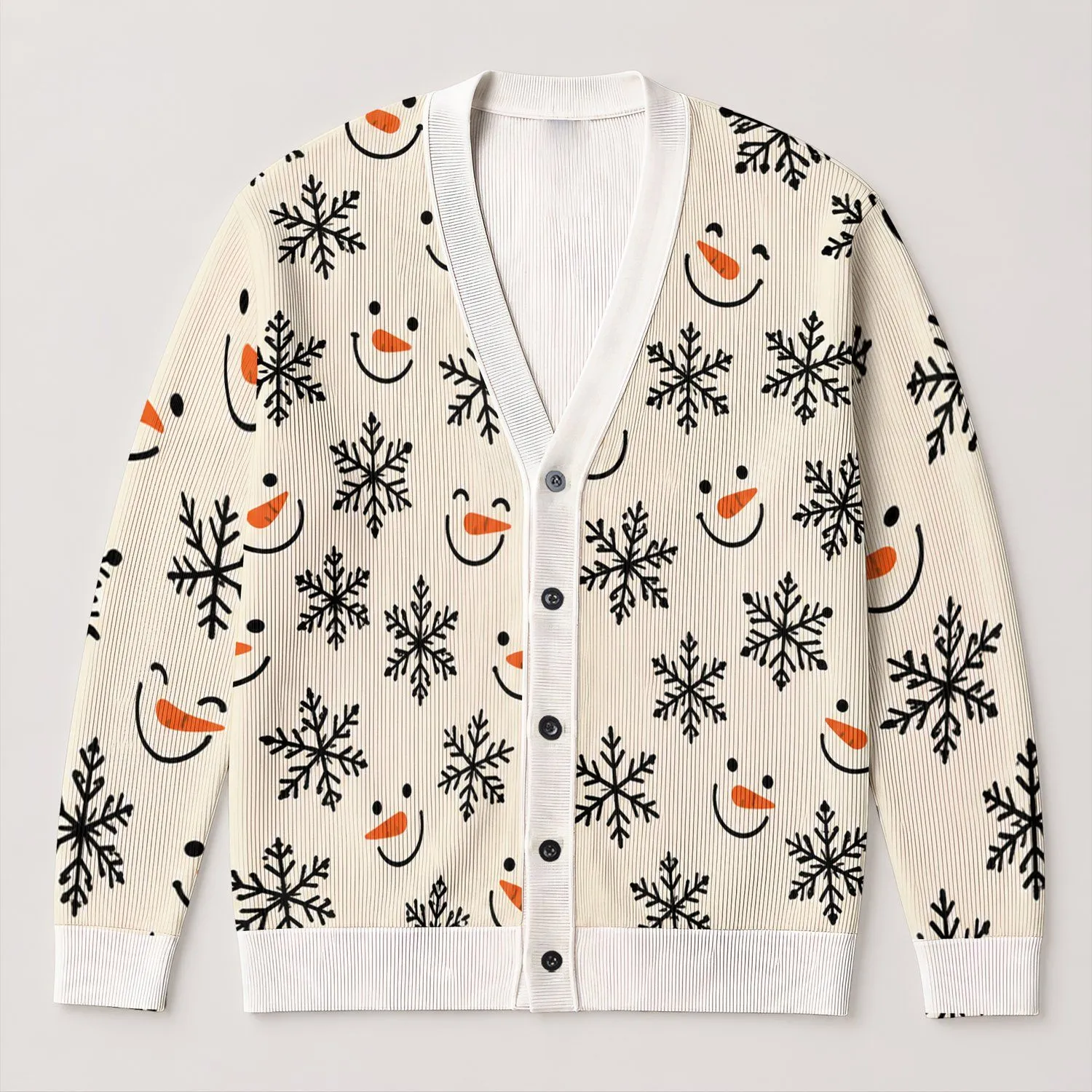 Snowman Faces And Snowflakes For Cozy Winter Layering, Women's Holiday Wardrobe Style All-over Print Knitted Cardigan - 1