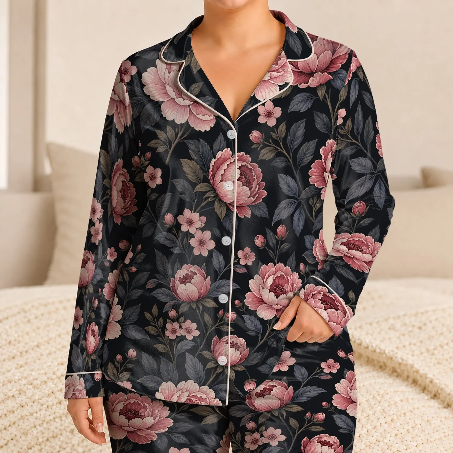 Blush Peony Botanical Floral Motif for Cozy Summer Lounging, Women's Relaxation Gift Satin Pajamas Set - 1