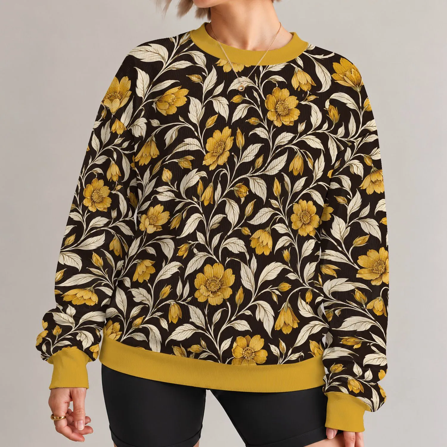 Golden Floral Vines for Relaxed Spring and Summer Weekend Outfits for Women All-over Print Knitted Sweater - 1