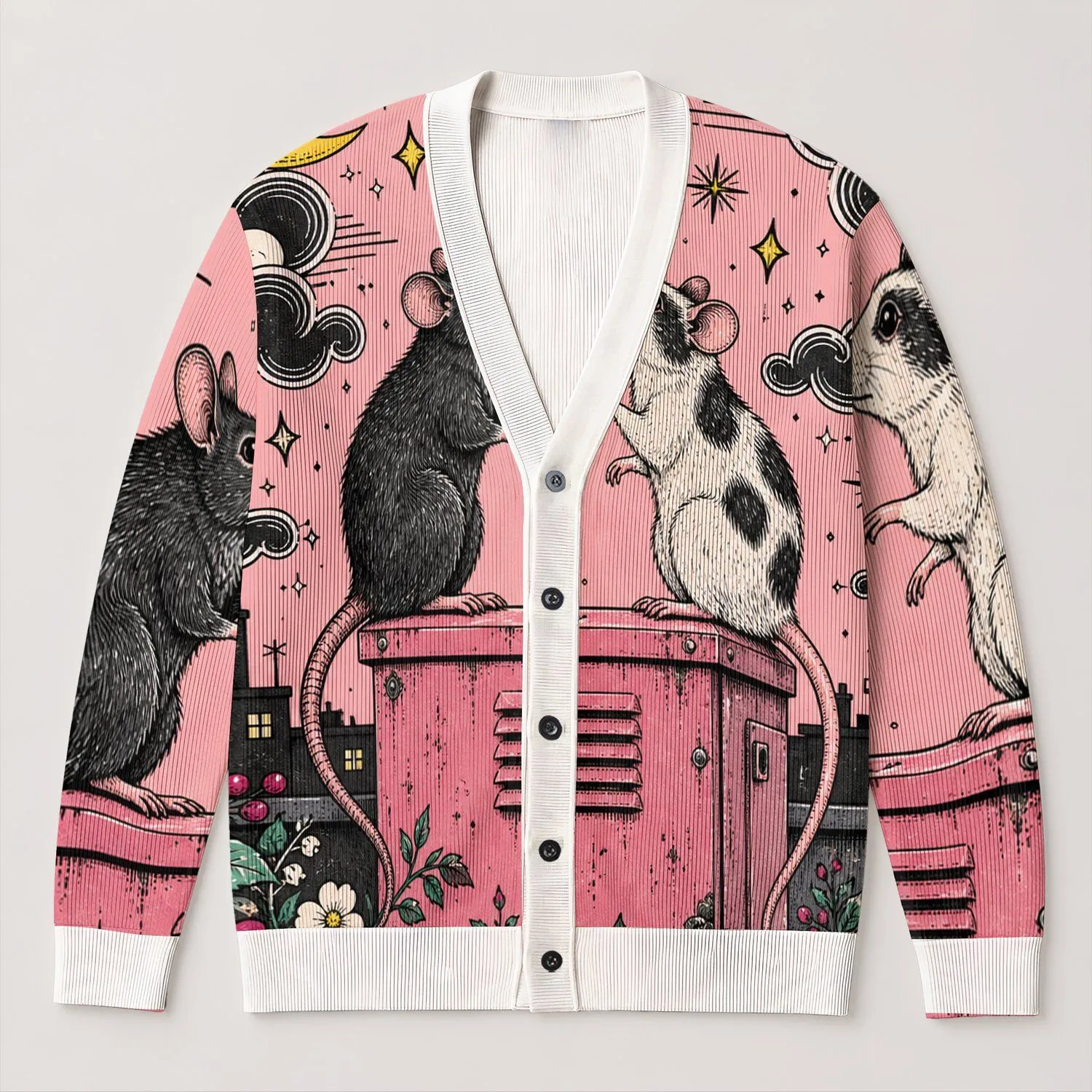 Moonlit Rat Duo and Pink Cityscape for Playful Everyday Layering, Streetwear Fans All-over Print Knitted Cardigan - 1