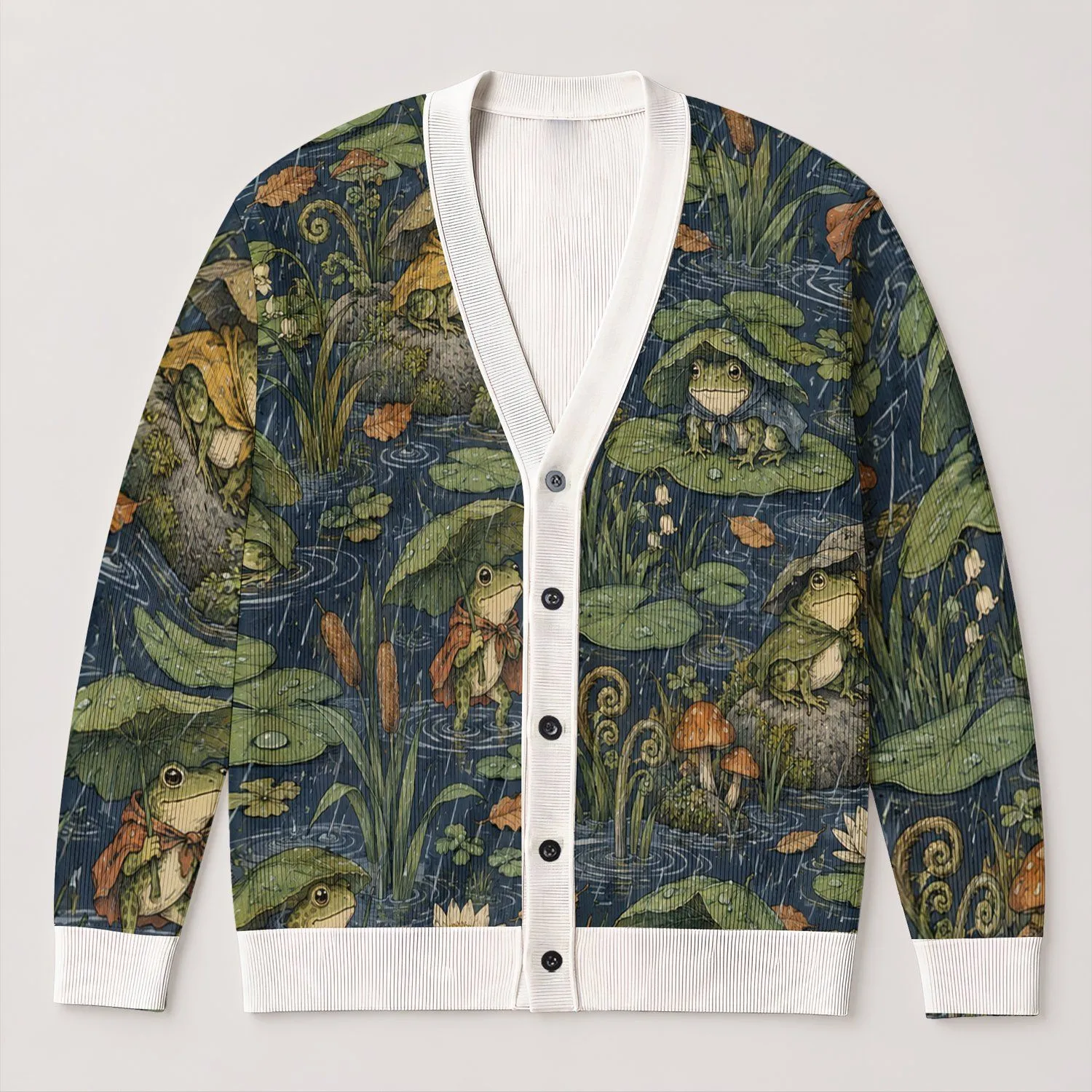 Rainy Pond Frogs and Lily Pads for Cozy Woodland Layering and Everyday Outdoor Style All-over Print Knitted Cardigan - 1