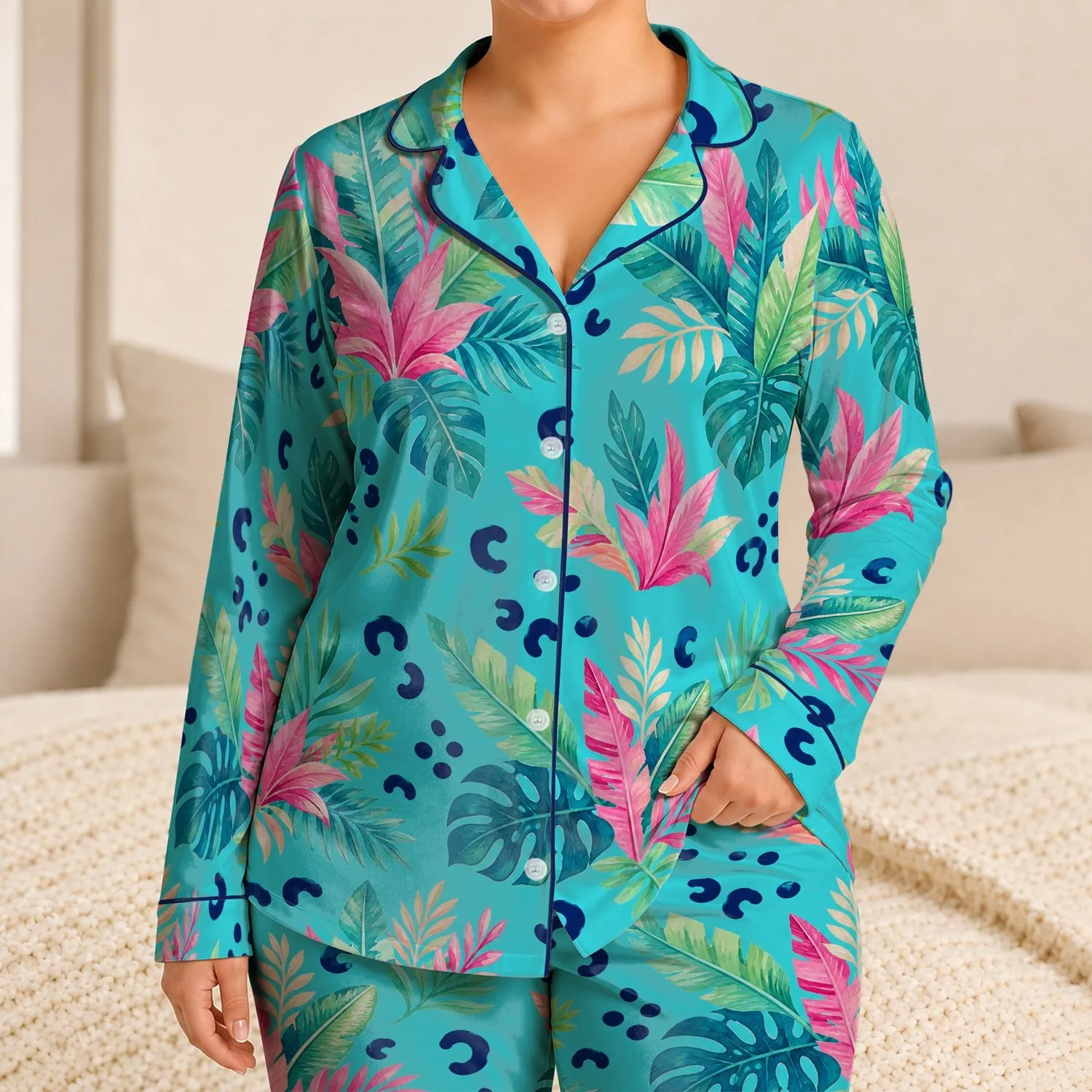Tropical Leaf Botanical Set for Colorful Resort Lounging and Relaxed Vacation Style Satin Pajamas Set - 1