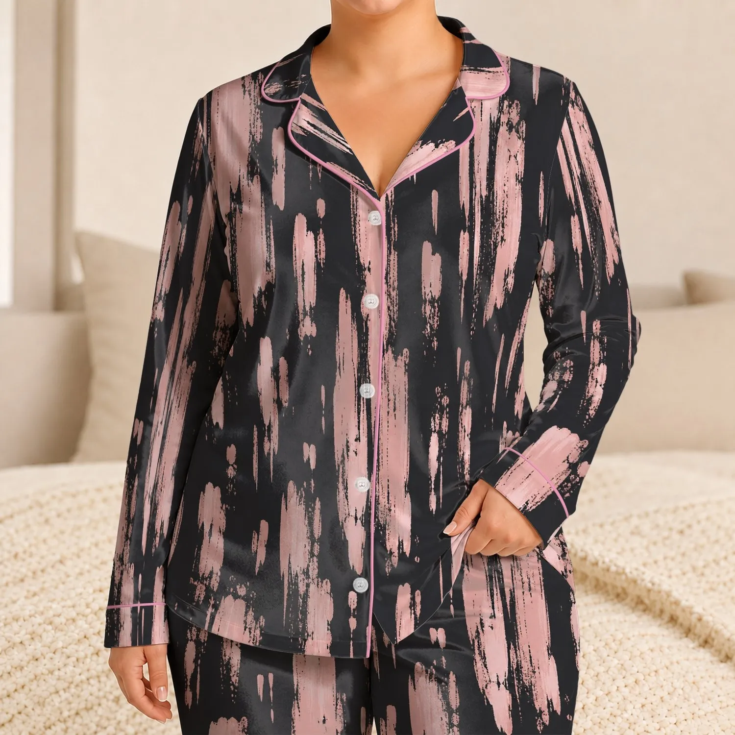 Blush Pink Distressed Brush Streaks Charcoal Abstract Loungewear for Relaxing Nights Satin Pajamas Set - 1