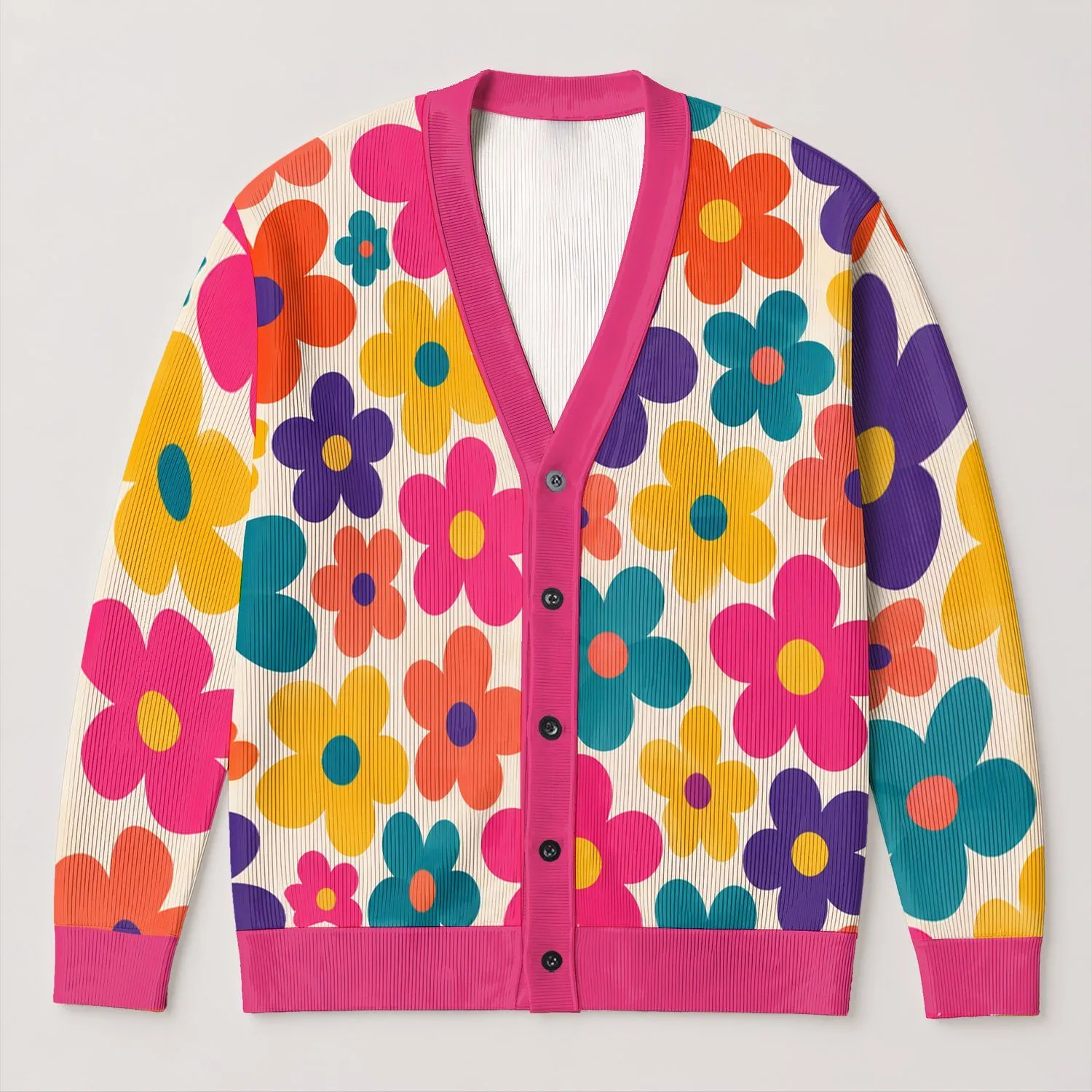 Colorful Retro Floral Motifs for Spring Getaways and Everyday Layering for Modern Women All-over Print Knitted Cardigan - 1