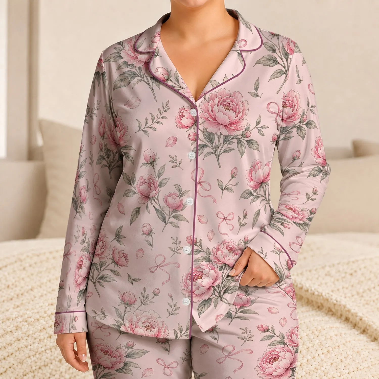 Pink Peony Floral Botanical Motif for Cozy Lounging, Romantic Bedtime Gift for Women Satin Pajamas Set - 1