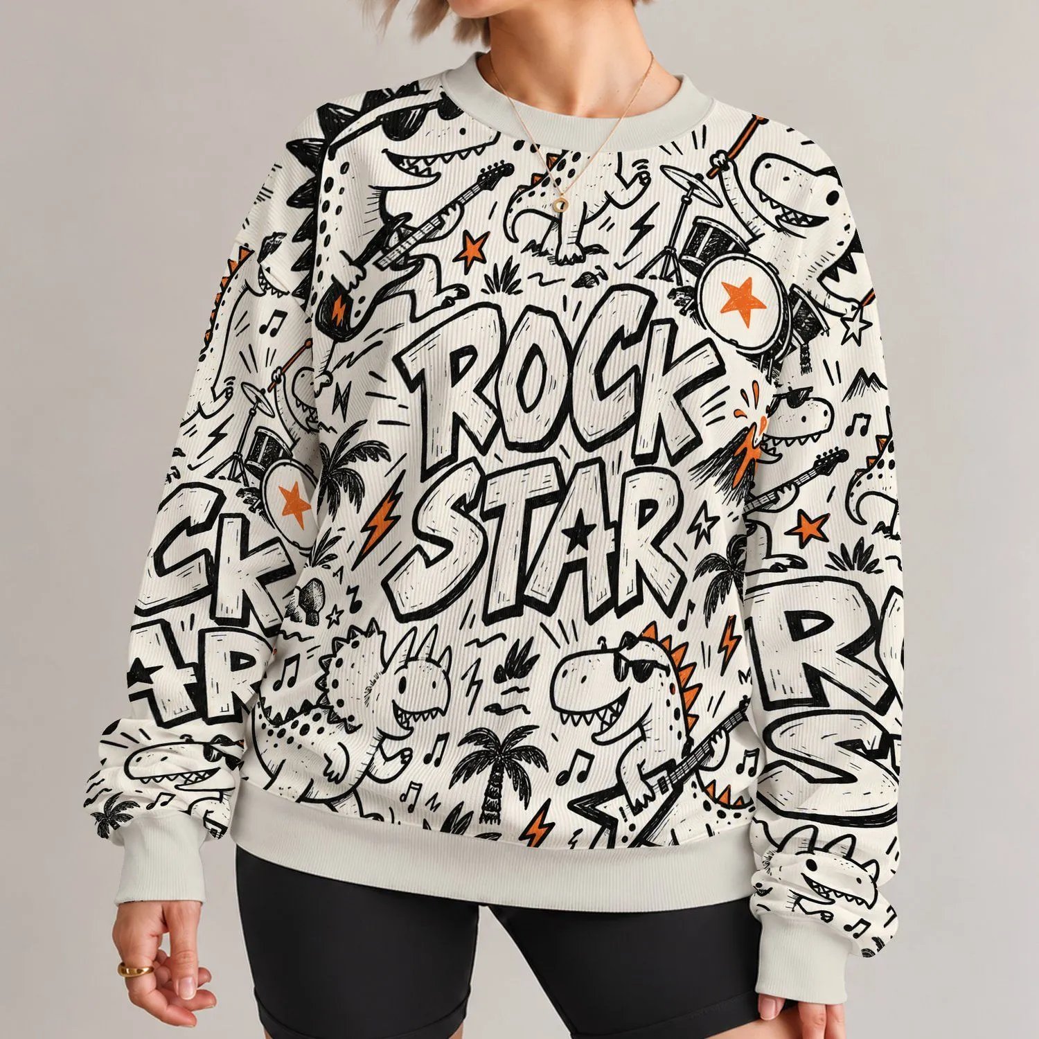Playful Dinosaur Rock Star Doodles for Casual Streetwear and Music-Loving Fans All-over Print Knitted Sweater - 1