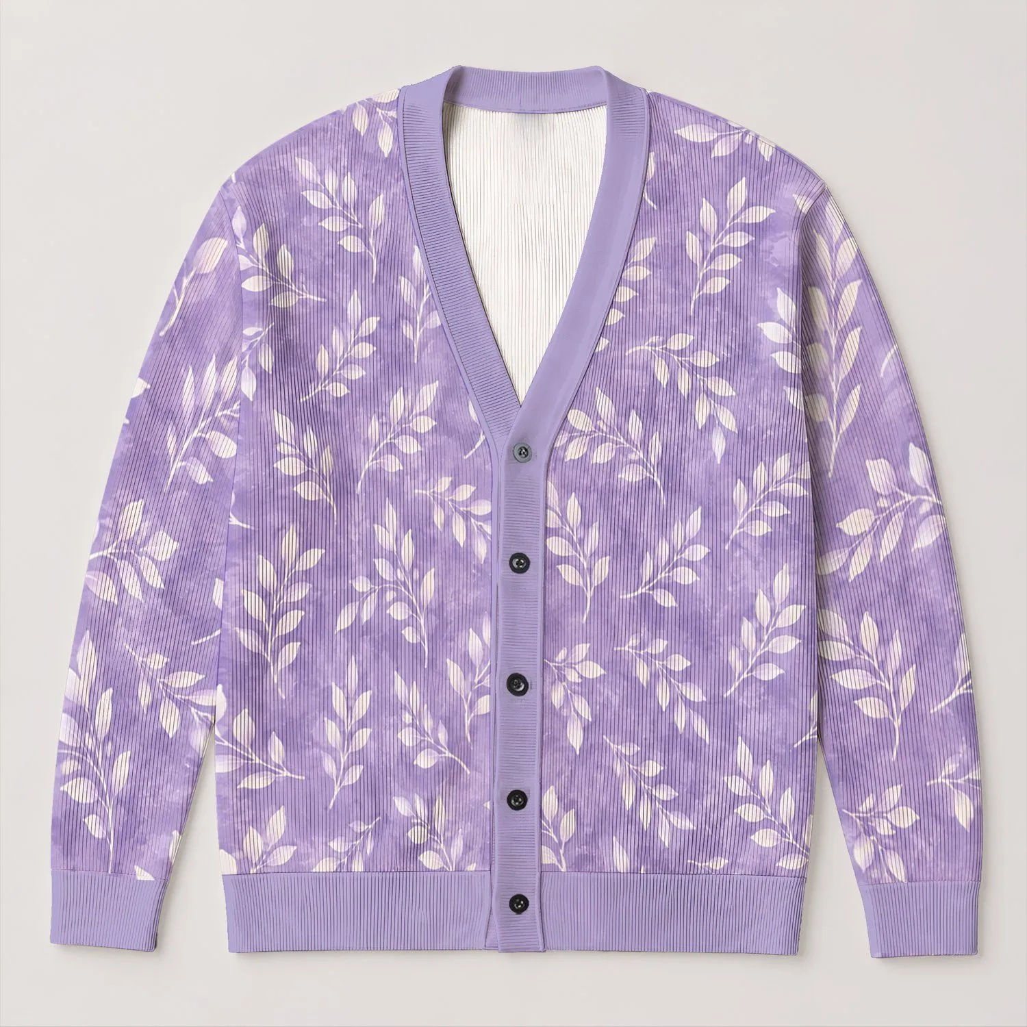 Lavender White Leaf Botanical Everyday Layering Style For Plus Size Women, Fall Comfort All-over Print Knitted Cardigan - 1