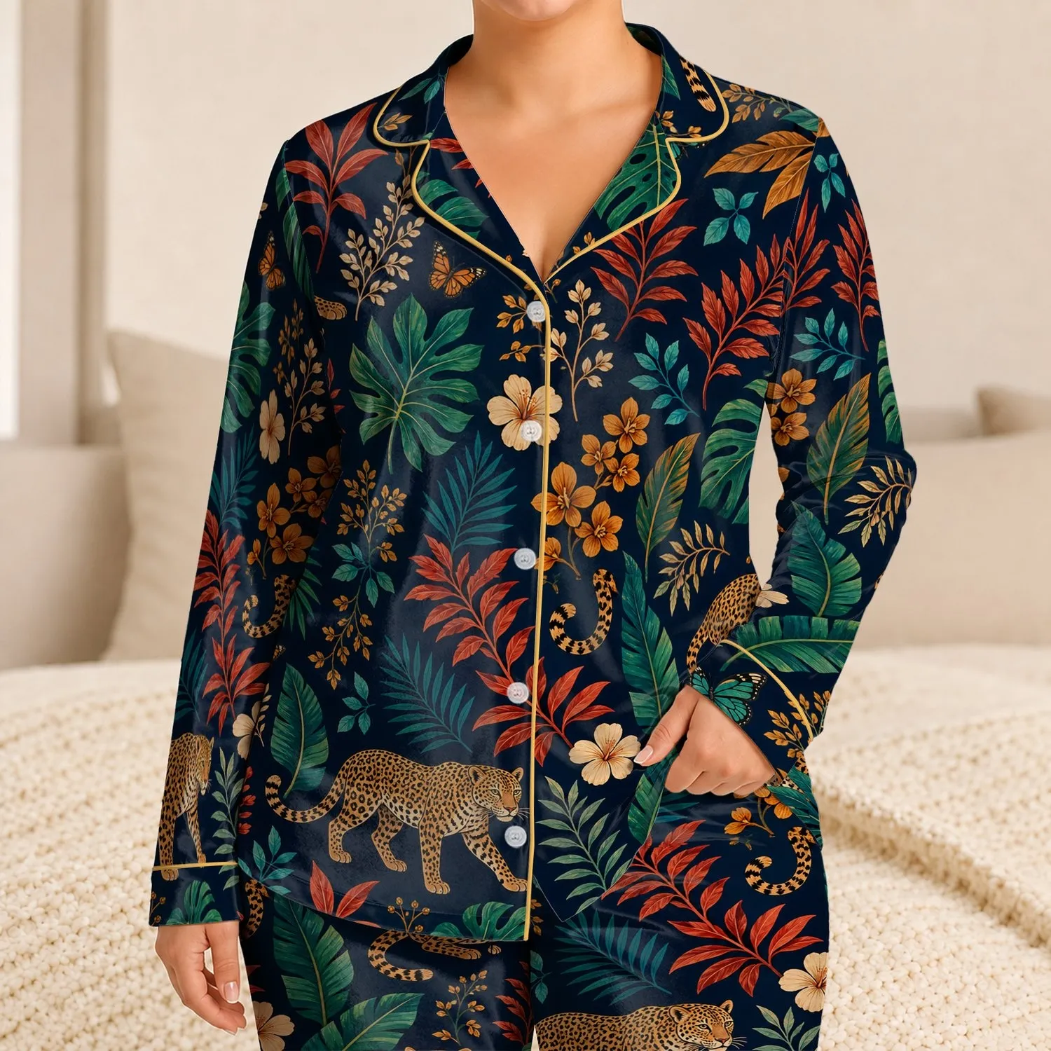 Leopard Jungle Botanical Tropical Leaves Cozy Nighttime Lounge Gift For Women Plus Size Satin Pajamas Set - 1