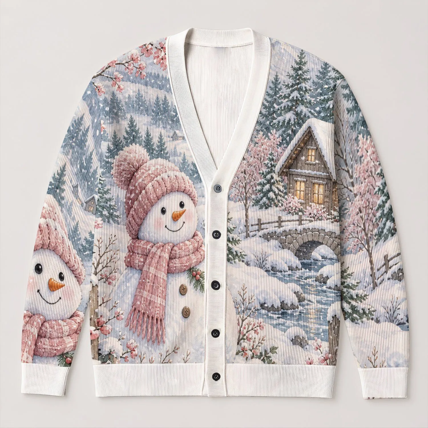 Pastel Snowman Winter Wonderland Holiday Cheer for Women and Christmas Gatherings All-over Print Knitted Cardigan - 1