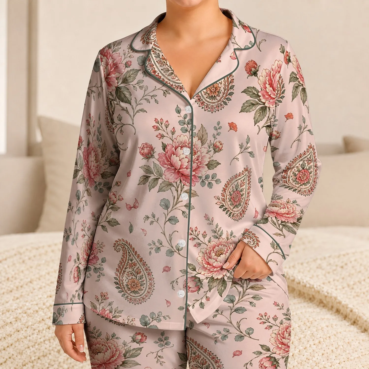 Blush Peony Paisley Botanical Floral for Elegant Spring Summer Lounging at Home Gift Satin Pajamas Set - 1