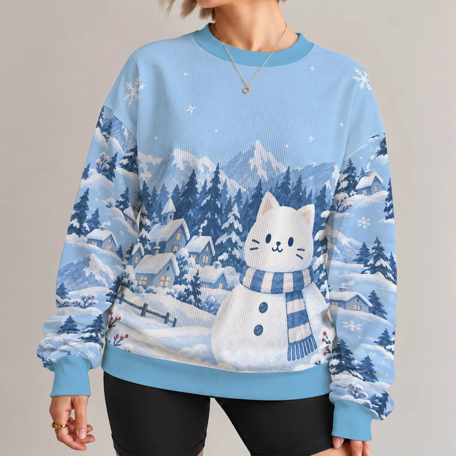 Snowman Cat in a Snowy Mountain Village for Cozy Christmas Holiday Celebrations All-over Print Knitted Sweater - 1