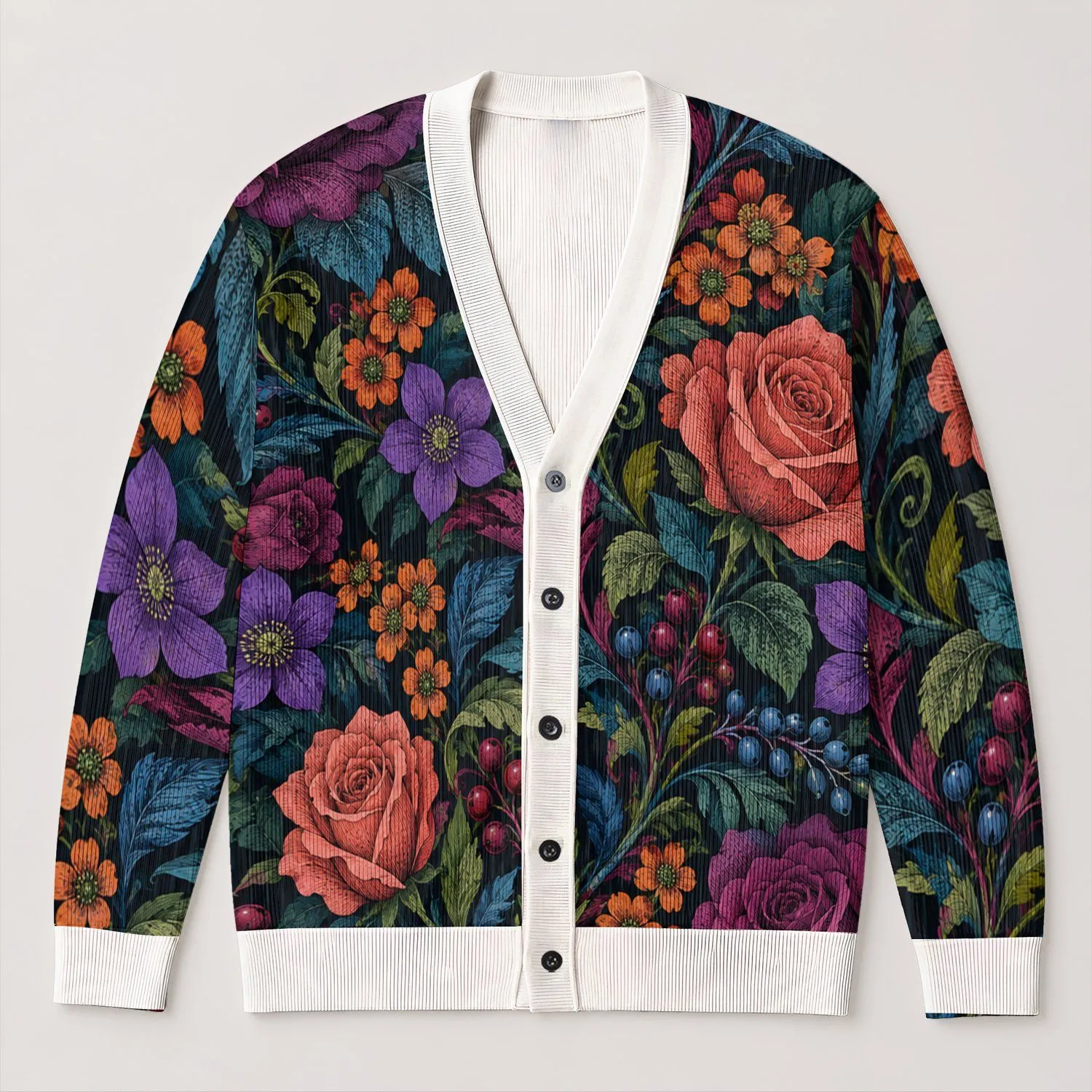 Jewel Tone Botanical Florals For Vintage Layering, Everyday Wear, And Nature Lovers All-over Print Knitted Cardigan - 1
