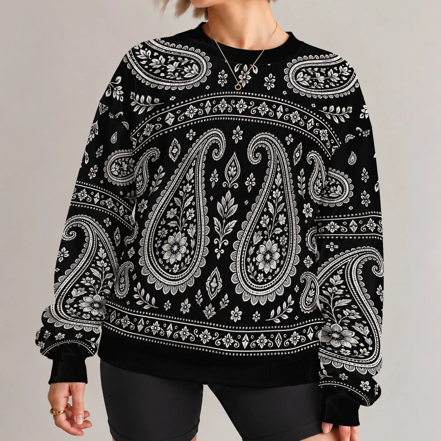 Black And Ivory Paisley Motifs For Autumn Outings And Relaxed Bohemian Everyday Style All-over Print Knitted Sweater - 1
