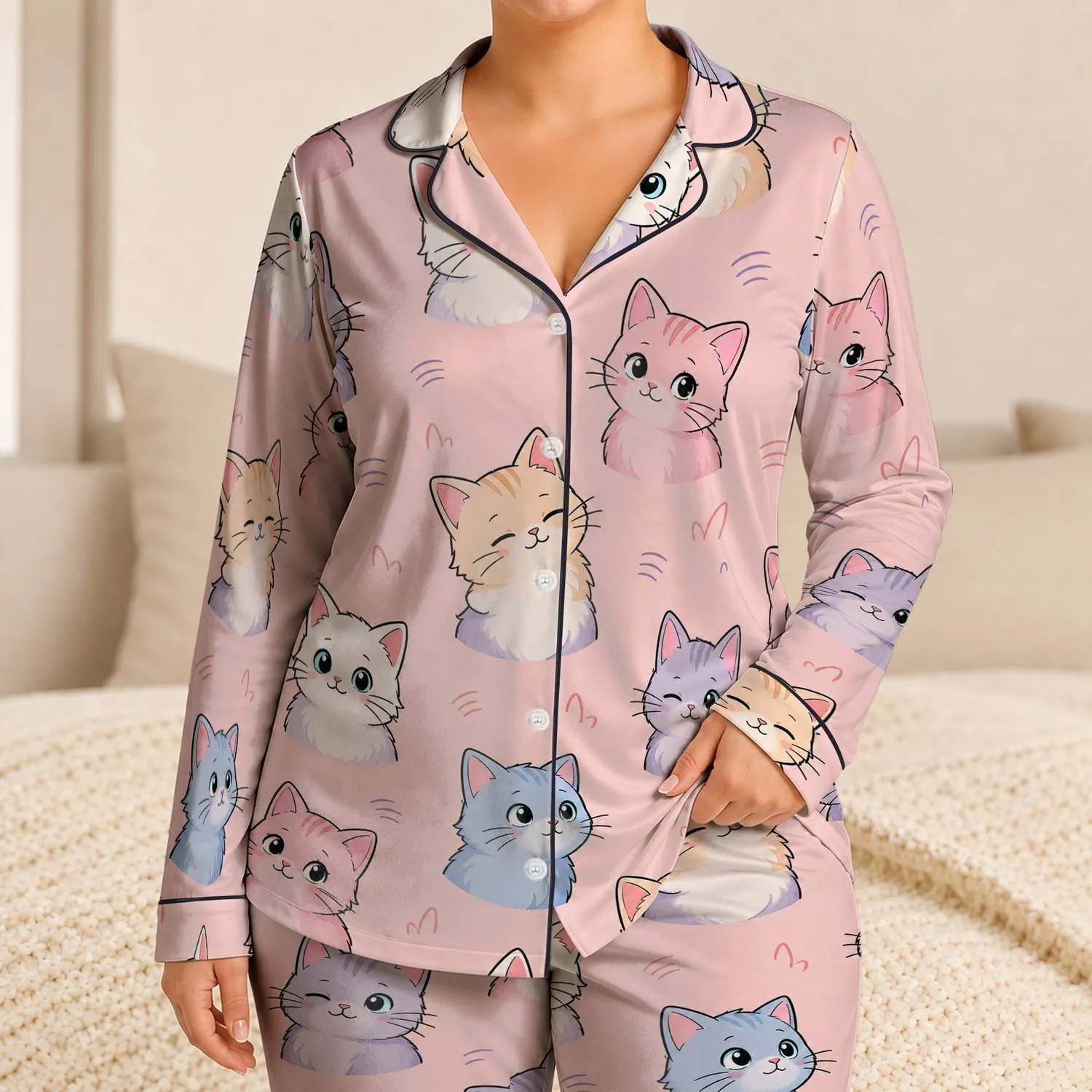 Cute Cat Faces Blush Pink Bedtime Lounge Gift for Cat Lovers Women Adults Cozy Home Satin Pajamas Set - 1