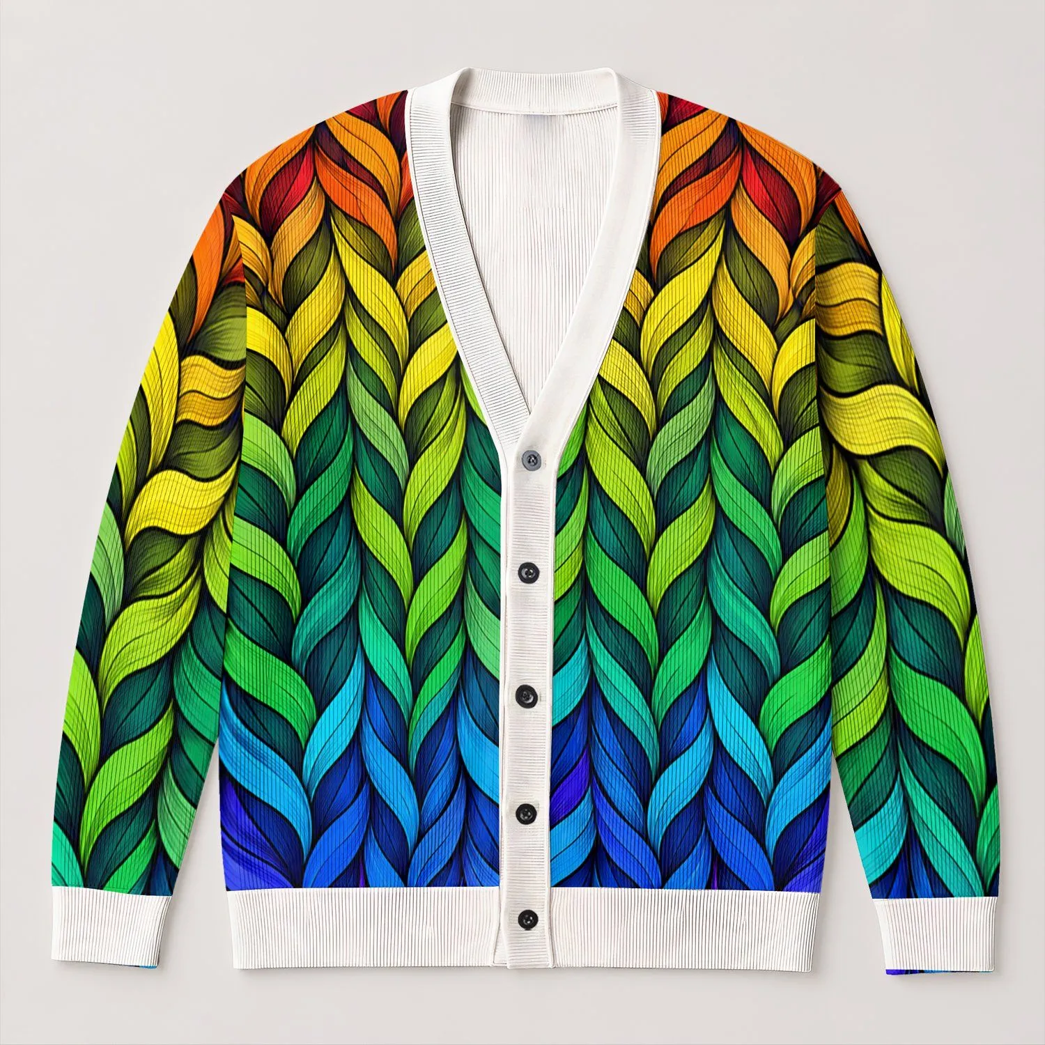 Vibrant Rainbow Twisted Ribbon Texture Colorblock Casual Everyday Layering Style for Women All-over Print Knitted Cardigan - 1