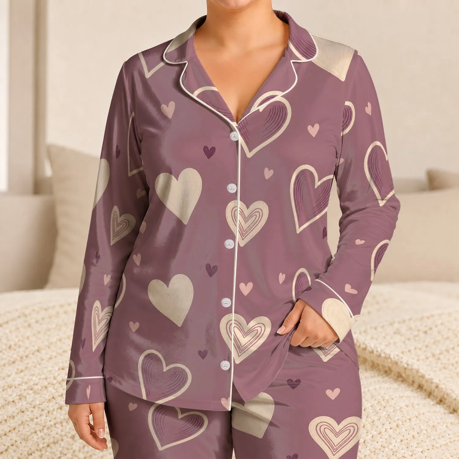 Dusty Mauve Heart Motif Romantic Cozy Gift Idea for Valentine's Day Couple Lovers Satin Pajamas Set - 1