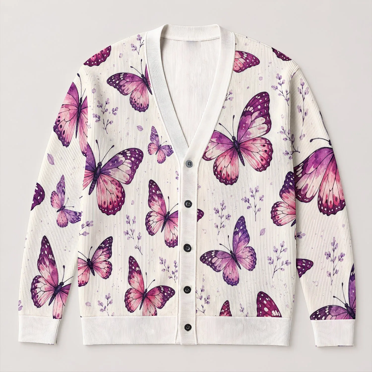 Purple Butterfly Motifs for Relaxed Everyday Layering, Women's Nature-Inspired Style All-over Print Knitted Cardigan - 1