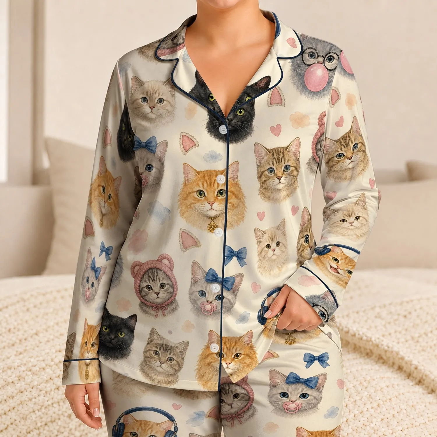 Cute Cat Bubblegum Kitten And Tabby Faces For Cozy Weekend Lounging, Women Gift Idea Satin Pajamas Set - 1